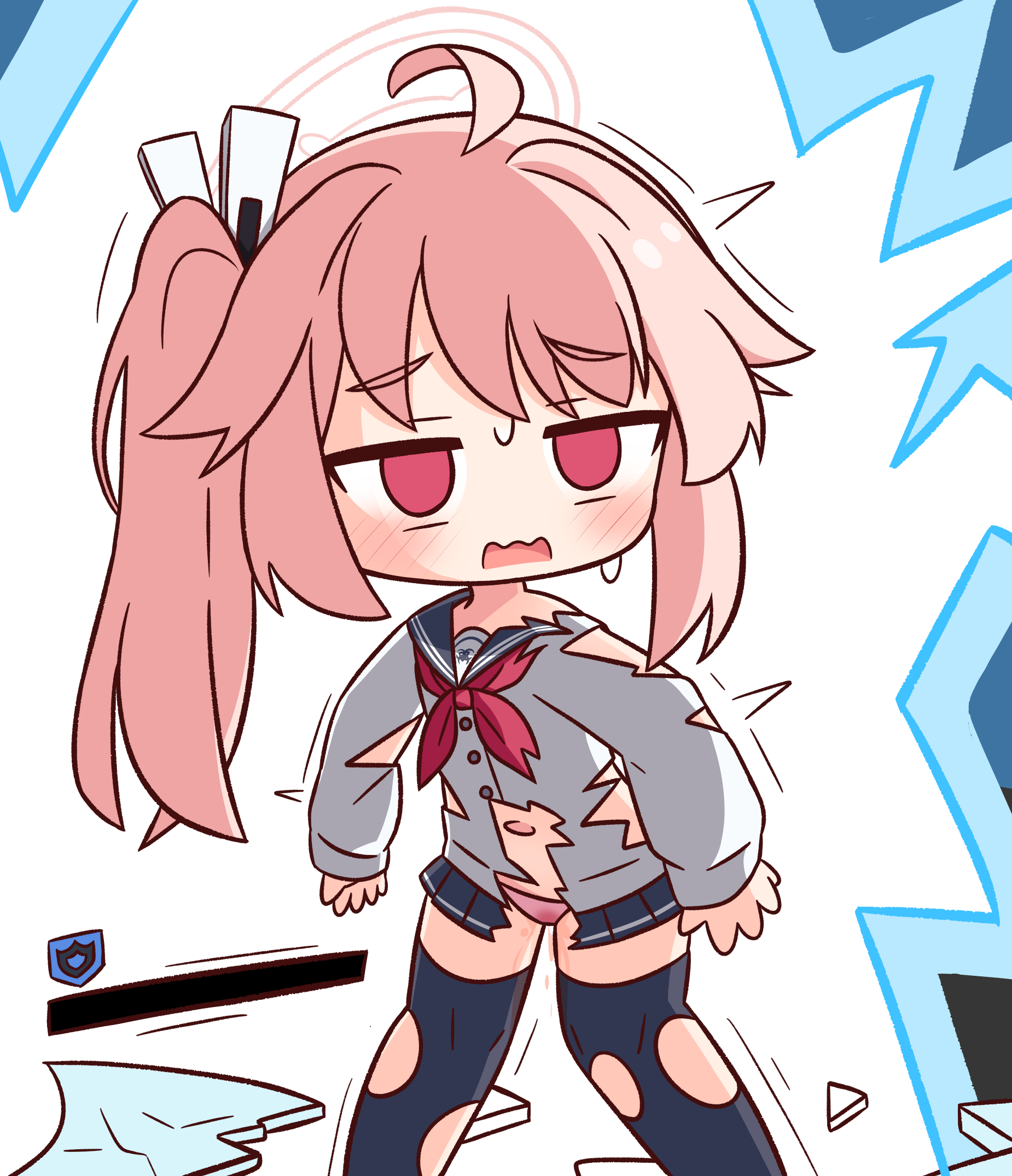 hana kazari, natsu (blue archive), blue archive, highres, 1girl, ahoge, black sailor collar, black skirt, black thighhighs, blush, cardigan, chibi, empty eyes, feet out of frame, gameplay mechanics, halo, long hair, long sleeves, navel, open mouth, panties, pee, peeing, peeing self, pink hair, pink panties, pleated skirt, puffy long sleeves, puffy sleeves, red eyes, sailor collar, side ponytail, skirt, sleeves past wrists, solo, standing, thighhighs, torn clothes, torn skirt, torn thighhighs, underwear, wavy mouth, white background, white cardigan