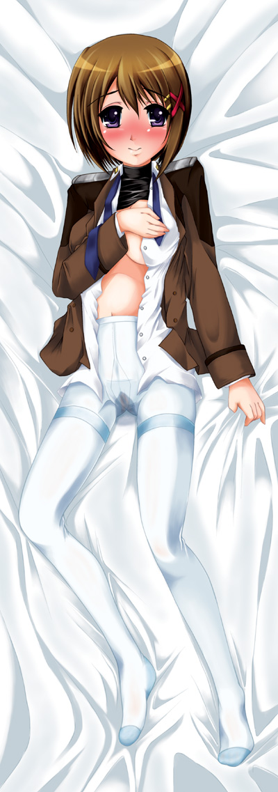 kurogane (majesticrune), yagami hayate, lyrical nanoha, mahou shoujo lyrical nanoha, mahou shoujo lyrical nanoha strikers, 00s, 1girl, bed, bedwetting, blush, female focus, hair ornament, lying, open clothes, open shirt, pantyhose, peeing, peeing self, shirt, solo, white pantyhose, x hair ornament