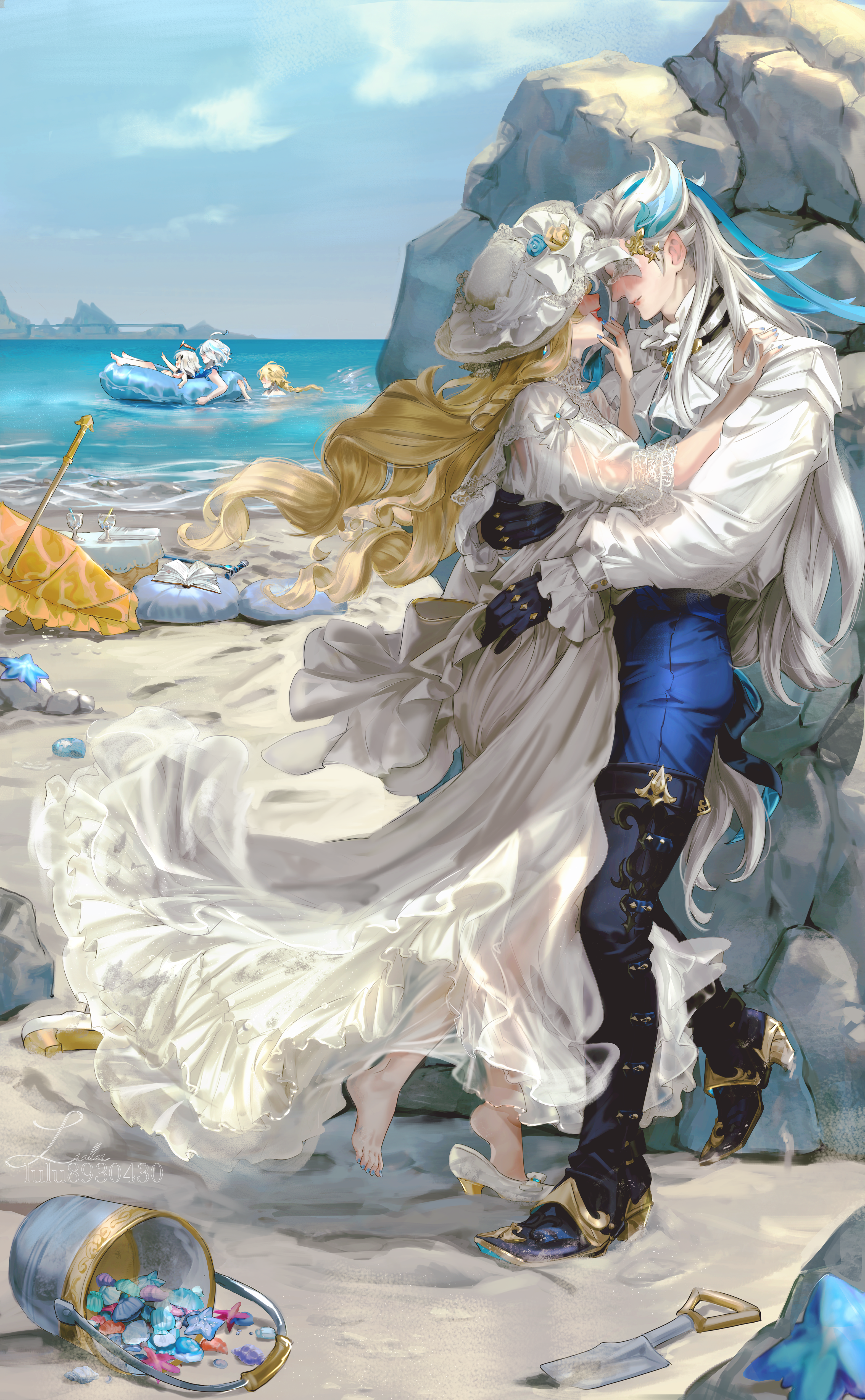 lluluchwan, aether (genshin impact), furina (genshin impact), navia (genshin impact), neuvillette (genshin impact), paimon (genshin impact), genshin impact, absurdres, commentary request, highres, 2boys, 3girls, alternate costume, arm around waist, beach, blonde hair, blue boots, blue gloves, blue nails, blue pants, blue streaks, book, boots, bucket, cane, couple, cushion, day, dress, drill hair, earrings, face-to-face, flower, from side, full body, gloves, hand on another's back, hand on another's shoulder, hand on own chin, hat, hat flower, heel pop, hetero, high heels, holding another's hair, hug, innertube, jewelry, lipstick, long dress, long hair, long sleeves, makeup, multicolored hair, multiple boys, multiple girls, nail polish, no eyes, ocean, open book, outdoors, pants, parasol, pointy ears, pushing, red lips, sand, seashell, see-through clothes, see-through sleeves, shell, shirt, shoes, shovel, single bare foot, streaked hair, swim ring, swimming, thigh boots, toenail polish, toenails, umbrella, very long hair, water, white dress, white hat, white shirt, white shoes, yellow umbrella