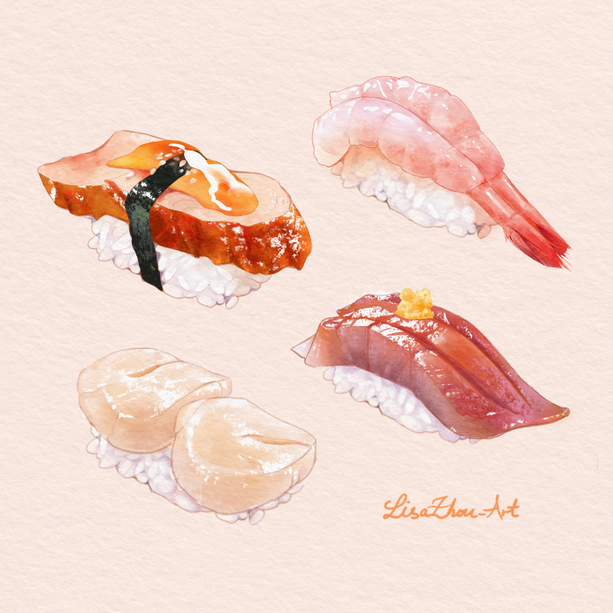 lisazhou art, original, highres, artist name, fish (food), food, food focus, no humans, rice, shrimp, sushi