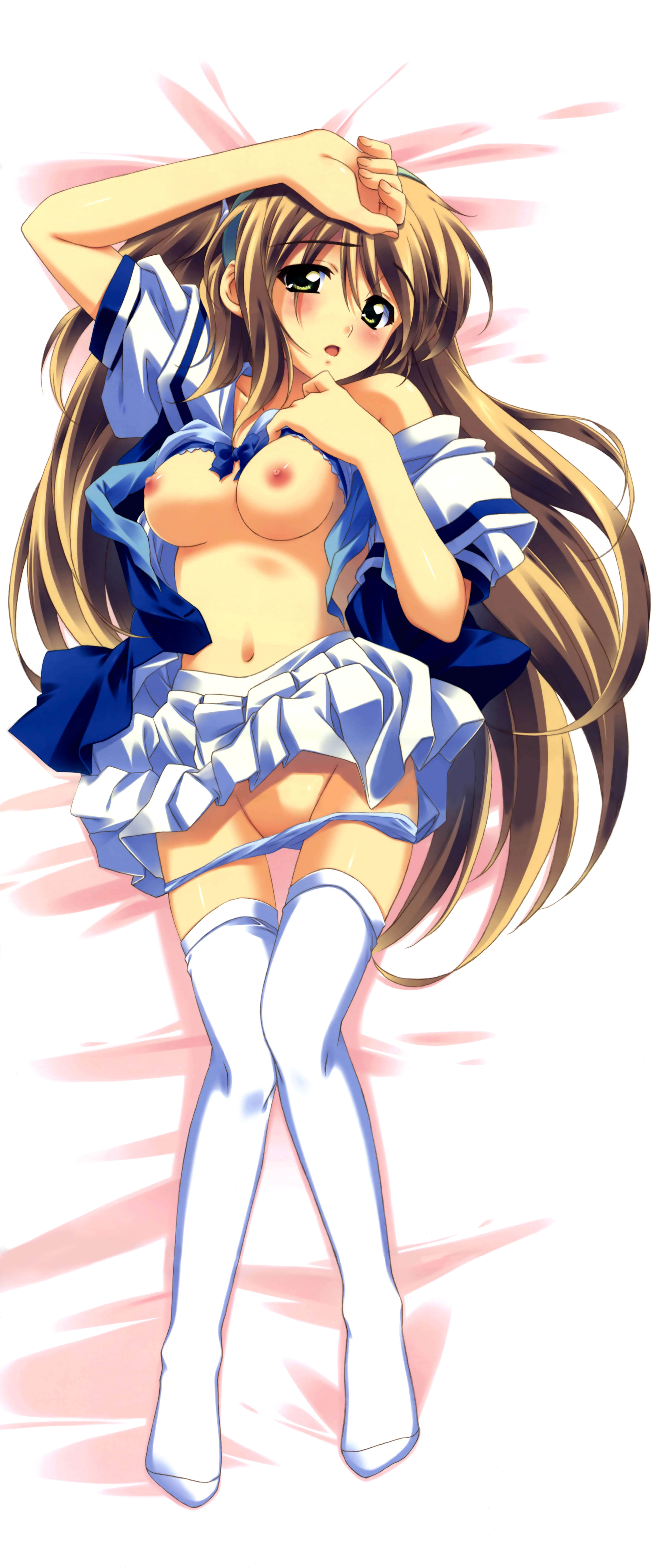 kusukusu, nonosaki akiho, moshimo ashita ga hare naraba, absurdres, highres, 1girl, breasts, dakimakura (medium), female focus, full body, large breasts, long hair, nipples, one side up, panties, solo, thighhighs, underwear, undressing