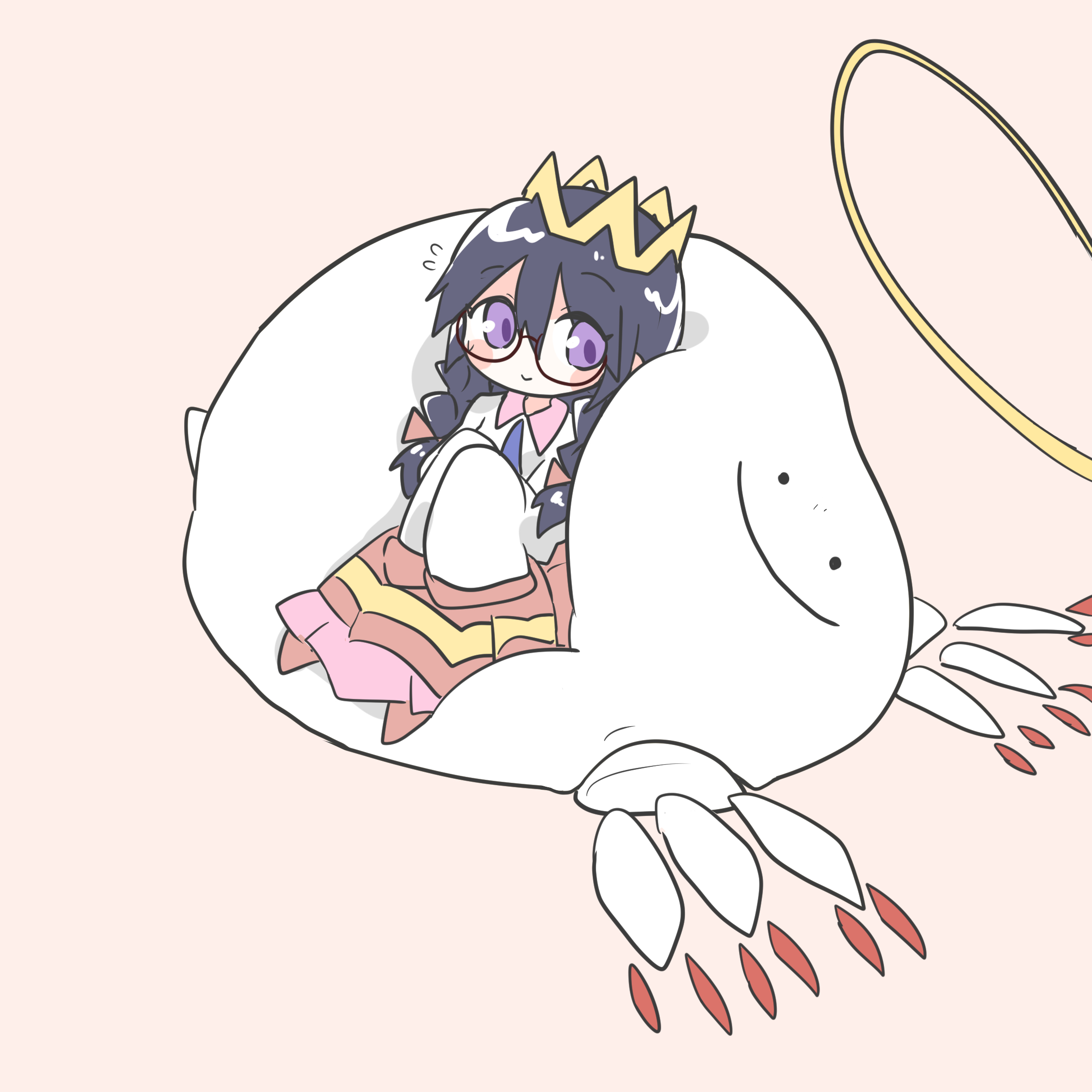 yoake (yoake 04), ripple star queen, zero two (kirby), kirby (series), kirby 64, nintendo, highres, 1girl, black hair, blush, braid, crown, halo, long hair, low twin braids, pink background, pink skirt, purple eyes, simple background, sitting, skirt, sleeves past wrists, smile, twin braids