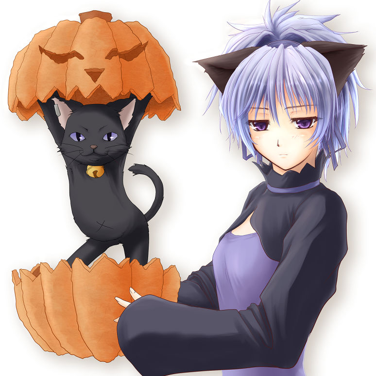 gizensha, mao (darker than black), yin (darker than black), darker than black, light purple hair, 00s, 1girl, animal ears, bell, black cat, cat, cat ears, expressionless, female focus, jack-o'-lantern, jingle bell, long sleeves, pumpkin, purple eyes, short hair, simple background, solo, standing, upper body, whiskers, white background