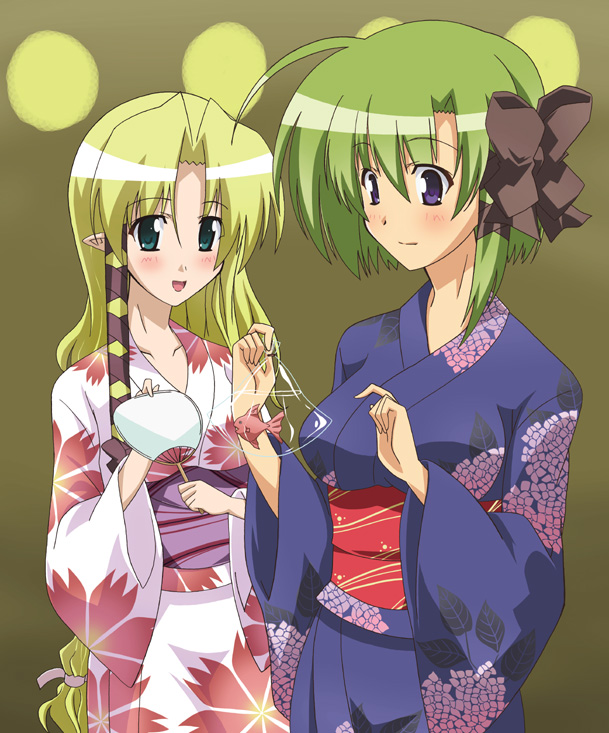 paopa ship, kareha, shigure asa, shuffle!, 00s, bag, bagged fish, blonde hair, blush, fish, goldfish, green eyes, green hair, hair ribbon, hand fan, japanese clothes, kimono, long hair, paper fan, pointy ears, purple eyes, ribbon, short hair, uchiwa