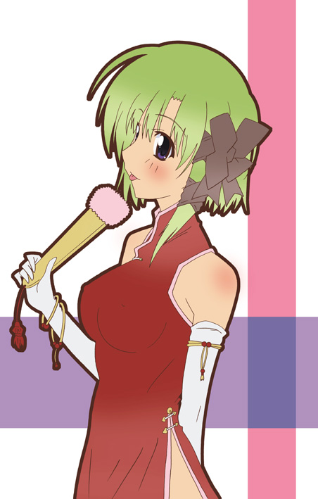 paopa ship, shigure asa, shuffle!, 00s, :p, arm behind back, blush, body blush, china dress, chinese clothes, dress, feather fan, folded fan, folding fan, hand fan, solo, tongue, tongue out
