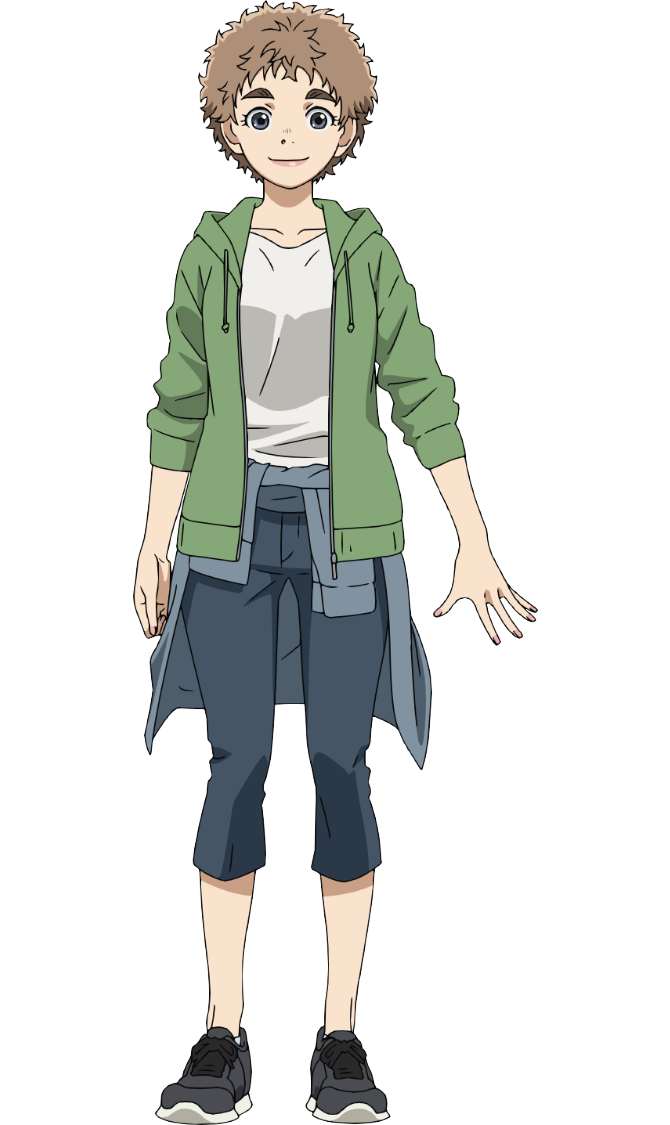 ao ashi, official art, 1girl, anime coloring, black shoes, blue pants, breasts, brown hair, clothes around waist, collarbone, full body, green jacket, grey eyes, hood, hood down, hooded jacket, jacket, jacket around waist, kaneko aoi, lips, looking at viewer, medium breasts, nail polish, nakatake manabu, open hand, outstretched arm, pants, pink nails, shirt, shoes, short hair, simple background, smile, solo, spread fingers, standing, tareme, thick eyebrows, transparent background, white shirt