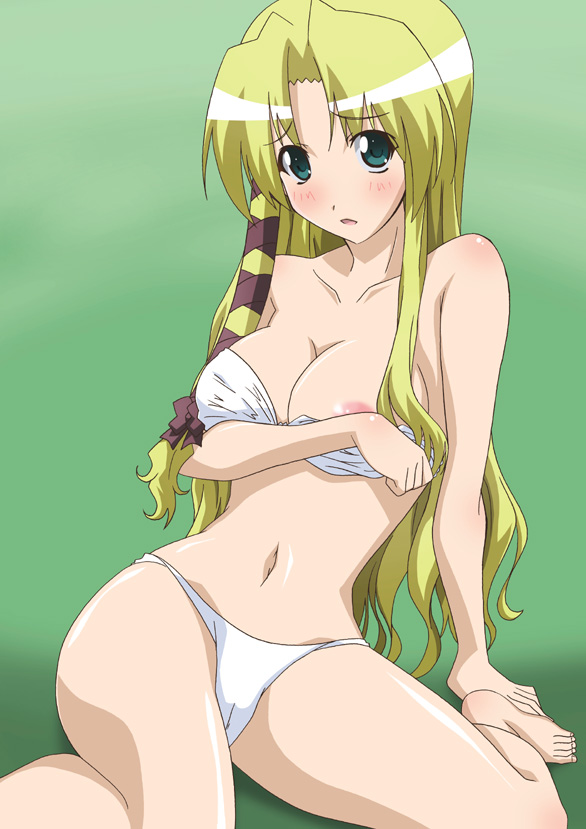 paopa ship, kareha, shuffle!, 00s, 1girl, aqua eyes, arm under breasts, bandeau, barefoot, bikini, blonde hair, blush, breasts, cameltoe, cleavage, feet, female focus, hair ribbon, long hair, navel, nipple slip, nipples, ribbon, sitting, solo, strapless, swimsuit, tube top, very long hair, white bikini
