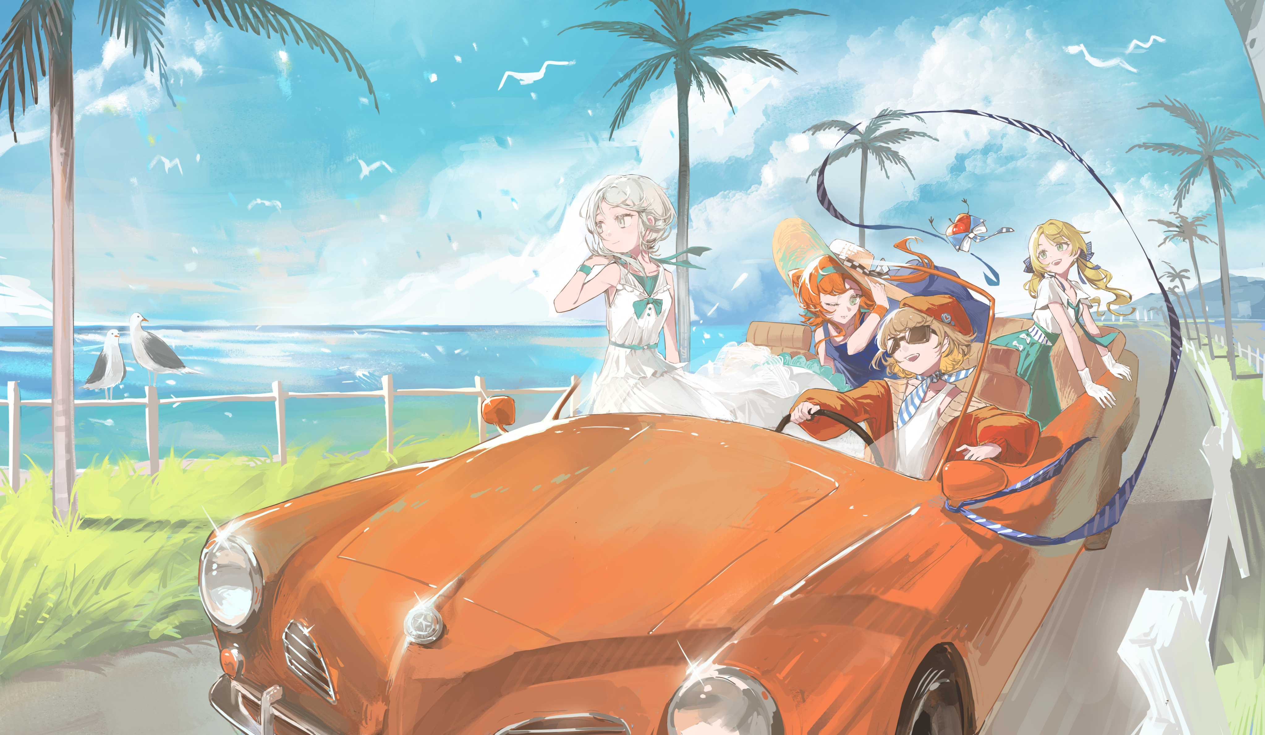 apple (reverse:1999), regulus (reverse:1999), sonetto (reverse:1999), sotheby, vertin (reverse:1999), reverse:1999, volkswagen, absurdres, highres, 4girls, :d, ;), alternate costume, apple, bird, blonde hair, blue dress, blue necktie, blue skirt, blue sky, brown hair, car, chacha (chachachaqqq), cloud, convertible, day, dress, driving, fence, food, fruit, gloves, grass, green eyes, grey eyes, grey hair, hair bun, hand on headwear, hand up, hat, jacket, low twintails, motor vehicle, multiple girls, neckerchief, necktie, ocean, one eye closed, open mouth, orange hair, outdoors, palm tree, red hat, red jacket, road, scenery, seagull, shirt, short hair, short sleeves, single side bun, skirt, sky, sleeveless, sleeveless dress, smile, steering wheel, striped neckerchief, sun hat, sunglasses, tree, twintails, volkswagen karmann ghia, white dress, white gloves, white shirt, wide shot, wooden fence