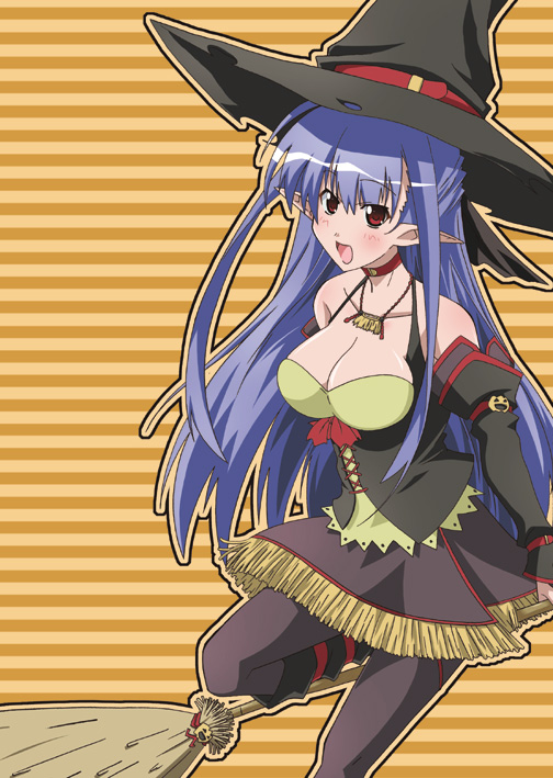 paopa ship, nerine, shuffle!, 00s, black pantyhose, blue hair, broom, hat, pantyhose, pointy ears, red eyes, solo, witch hat