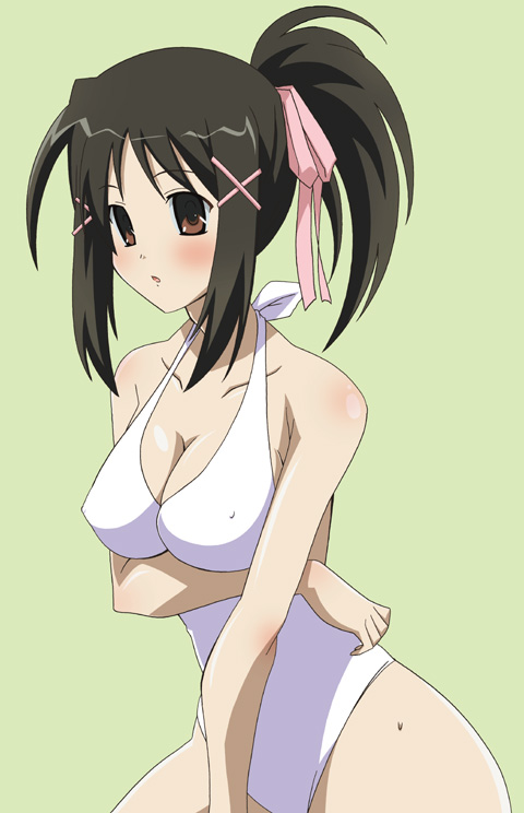 paopa ship, hoshino asami, myself yourself, 00s, 1girl, black hair, bow, breasts, brown eyes, cleavage, female focus, one-piece swimsuit, pink bow, ponytail, solo, swimsuit