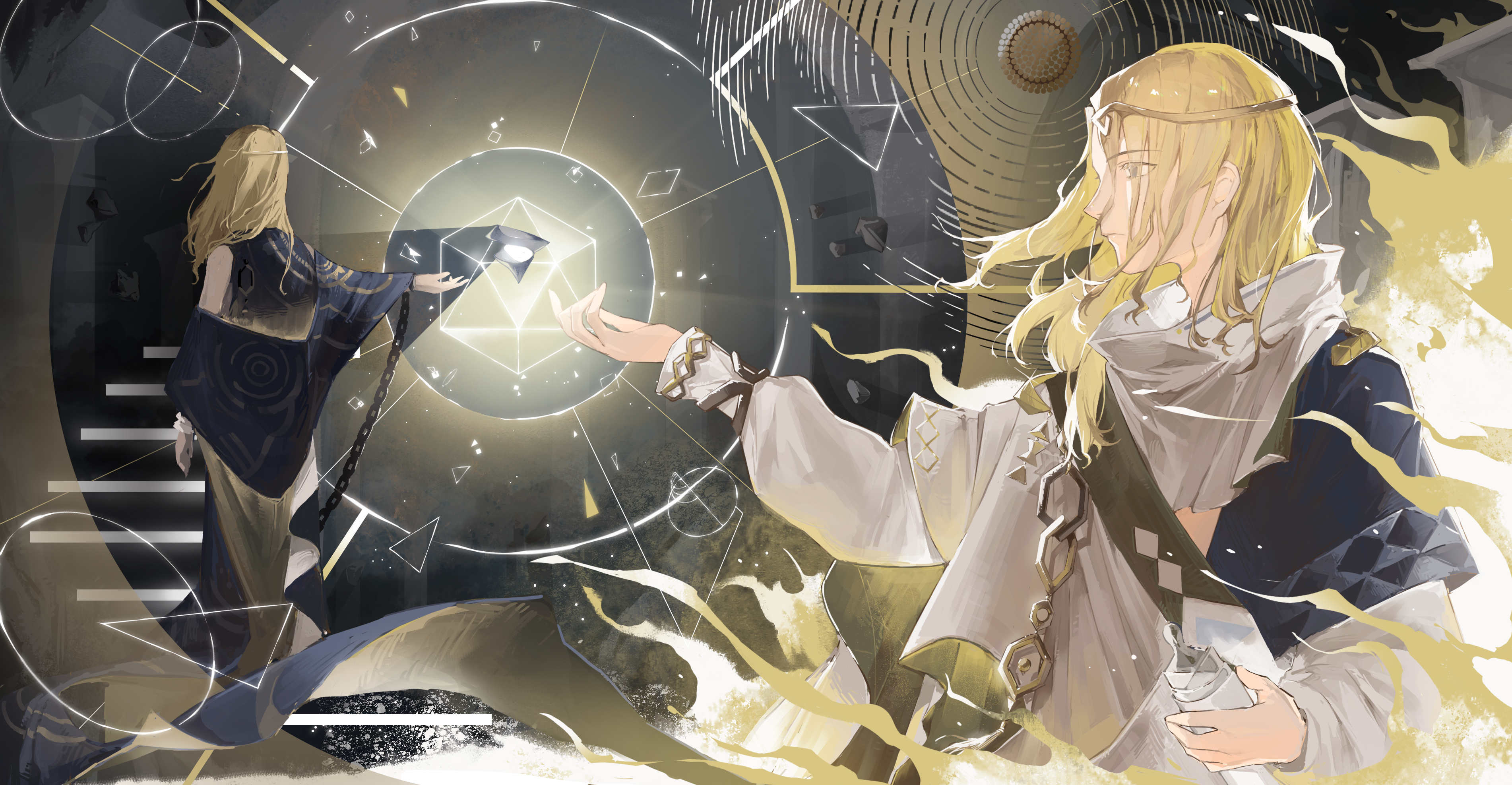 6 (reverse:1999), reverse:1999, absurdres, highres, 1boy, ancient greek clothes, blonde hair, blue eyes, chacha (chachachaqqq), circlet, dark background, facing away, floating stairs, from behind, from side, full body, geometry, glowing, greco-roman clothes, hand up, hexagon, himation, holding, holding scroll, long hair, long sleeves, male focus, math, multiple views, profile, scroll, standing, upper body, yellow fire