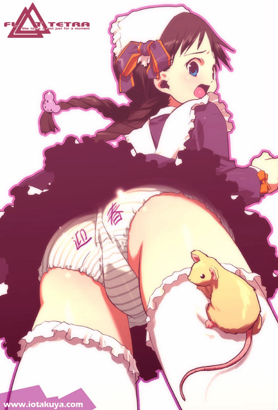 io takuya, animal ears, blue eyes, brown hair, long hair, maid, mouse ears, panties, solo, striped clothes, striped panties, thighhighs, twintails, underwear, upskirt
