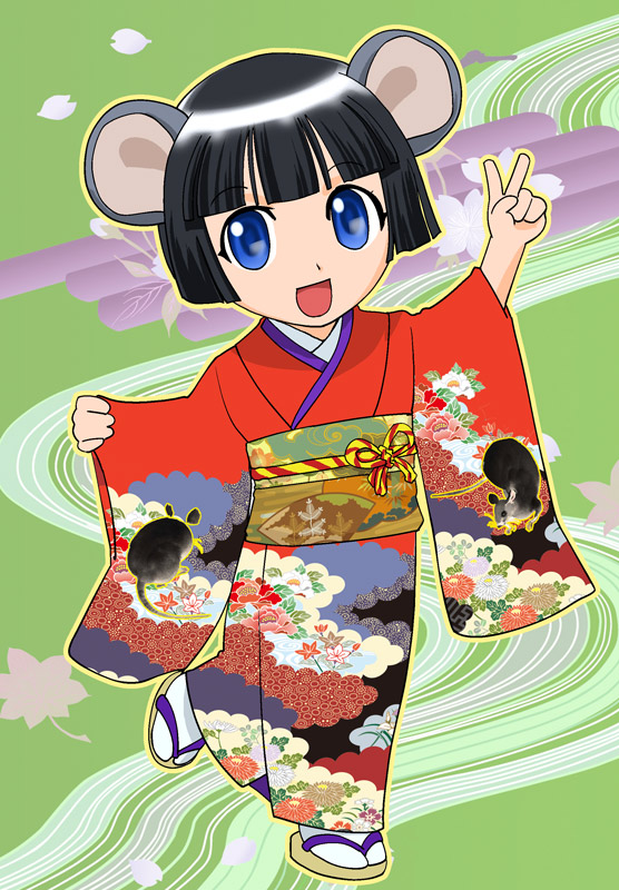 original, tagme, animal ears, blunt bangs, japanese clothes, kimono, mouse ears, socks, v