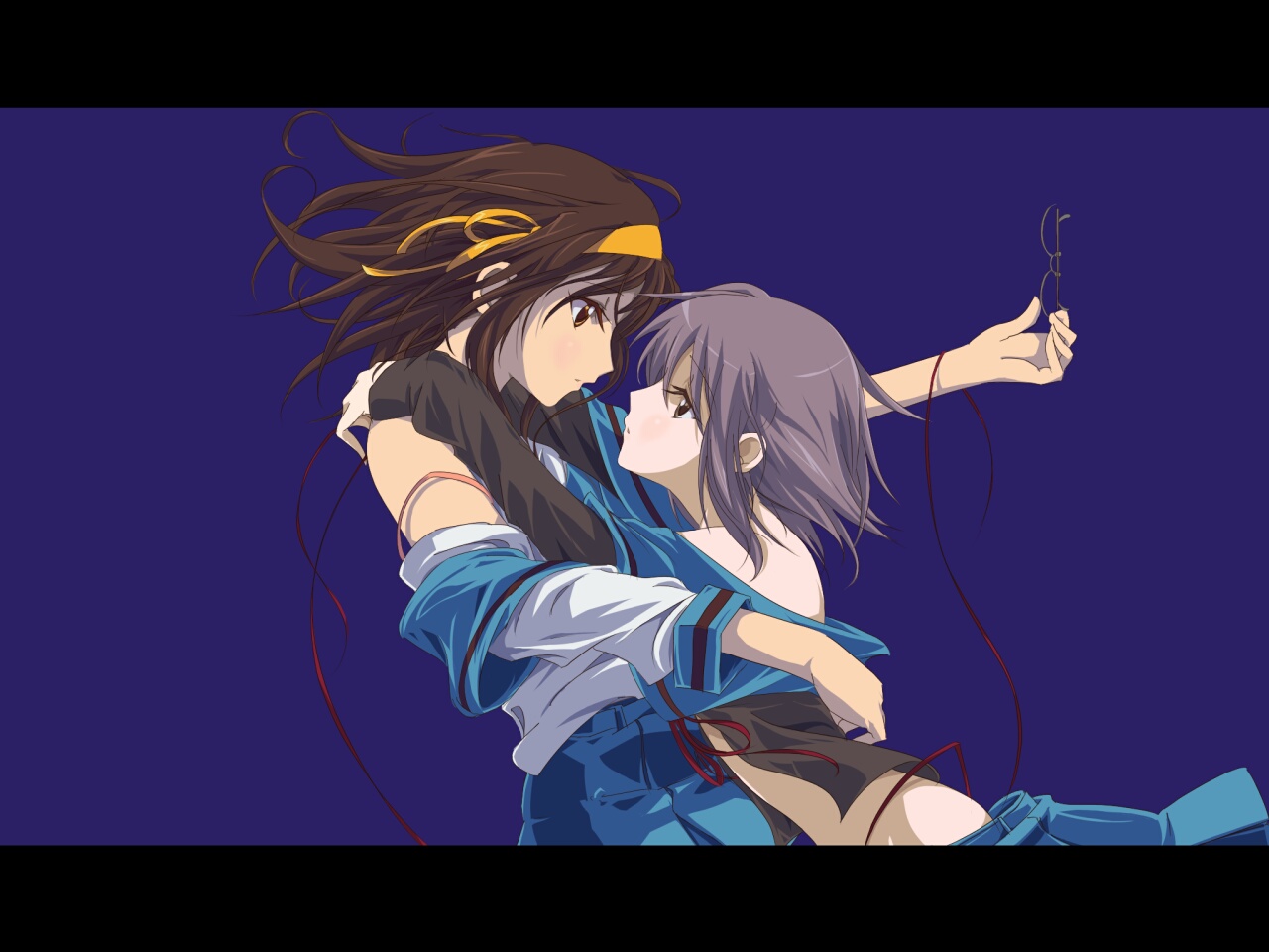 nagato yuki, suzumiya haruhi, kannazuki no miko, suzumiya haruhi no yuuutsu, silver hair, 2girls, cardigan, glasses, hug, miko embrace, multiple girls, parody, school uniform, serafuku, short hair, undressing, yuri