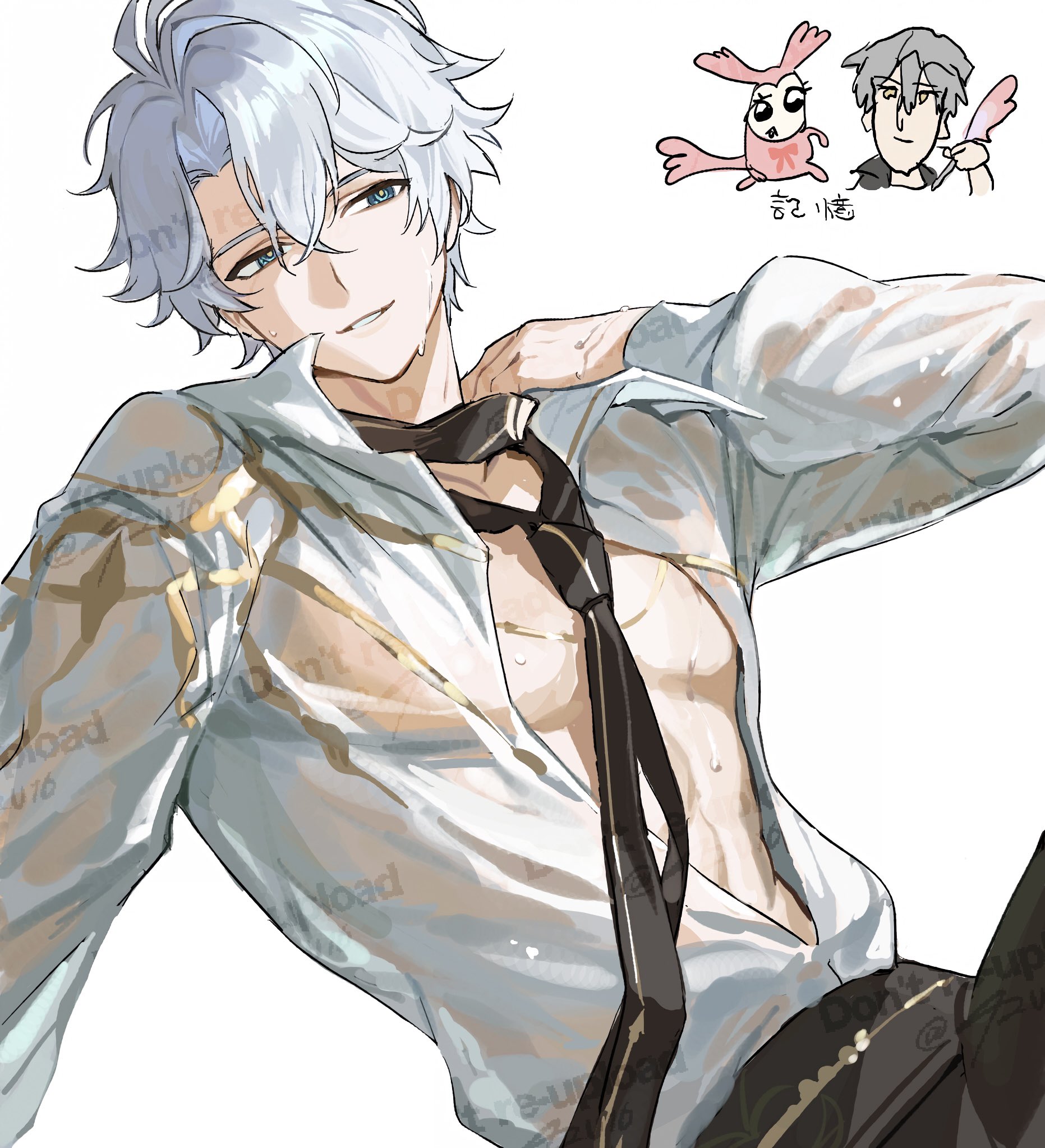 42u16, caelus (honkai: star rail), phainon (honkai: star rail), trailblazer (honkai: star rail), honkai: star rail, honkai (series), highres, 2boys, black necktie, black pants, blue eyes, creature, crossed bangs, grey hair, hair between eyes, male focus, multiple boys, necktie, pants, parted bangs, shirt, short hair, simple background, smirk, teeth, watermark, wet, wet clothes, wet shirt, white background, white shirt, yellow pupils