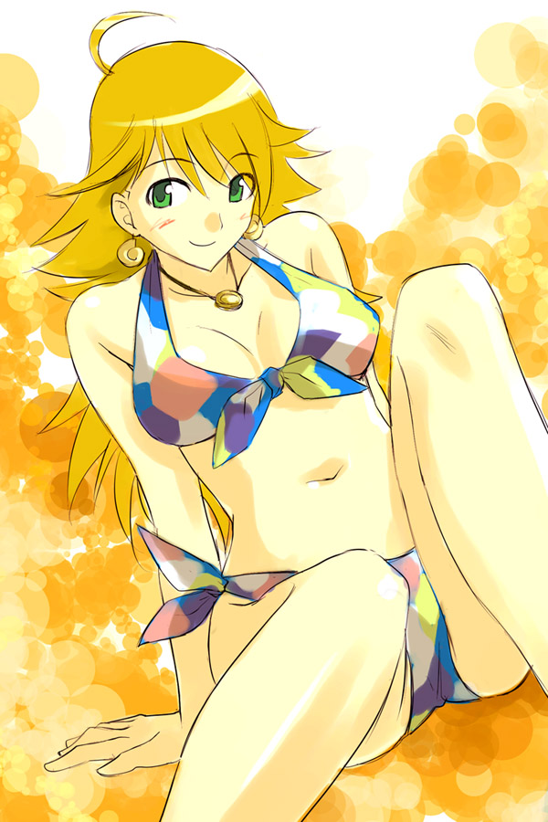 michael f91, hoshii miki, idolmaster, idolmaster (classic), idolmaster 1, 00s, ahoge, bikini, blonde hair, earrings, front-tie top, green eyes, jewelry, long hair, necklace, solo, swimsuit