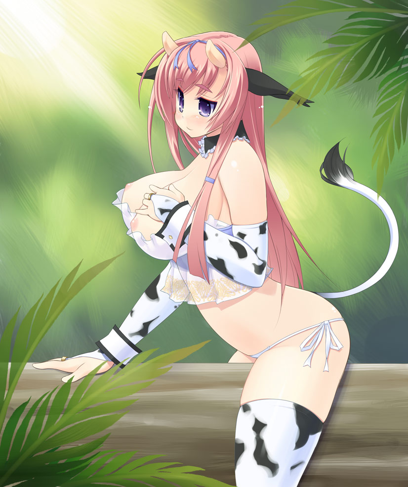 amasa mitsunaru, original, 1girl, animal ears, animal print, babydoll, breasts, cow ears, cow girl, cow print, elbow gloves, female focus, gloves, hair ribbon, horns, huge breasts, large breasts, lingerie, long hair, nipples, panties, pink hair, ribbon, see-through clothes, side-tie panties, solo, tail, thighhighs, underwear