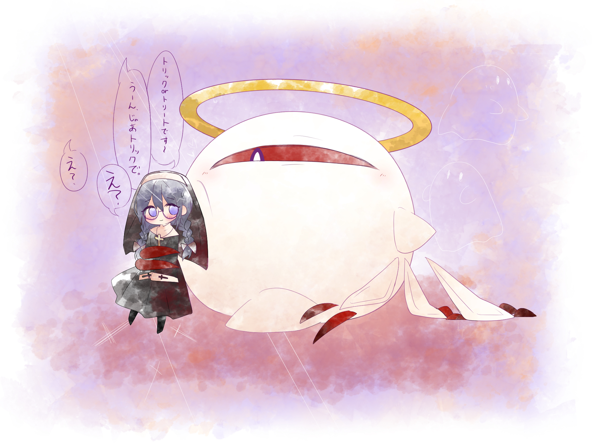 yoake (yoake 04), ripple star queen, zero two (kirby), kirby (series), kirby 64, nintendo, highres, 1girl, black hair, blush, cross, cross necklace, glasses, halo, jewelry, long hair, necklace, nun, one-eyed, purple eyes, red eyes, smile, speech bubble, veil