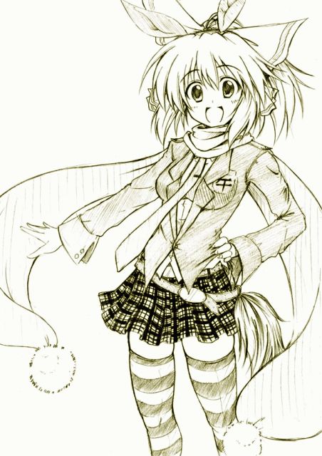 original, tagme, monochrome, scarf, sketch, solo, thighhighs, zettai ryouiki