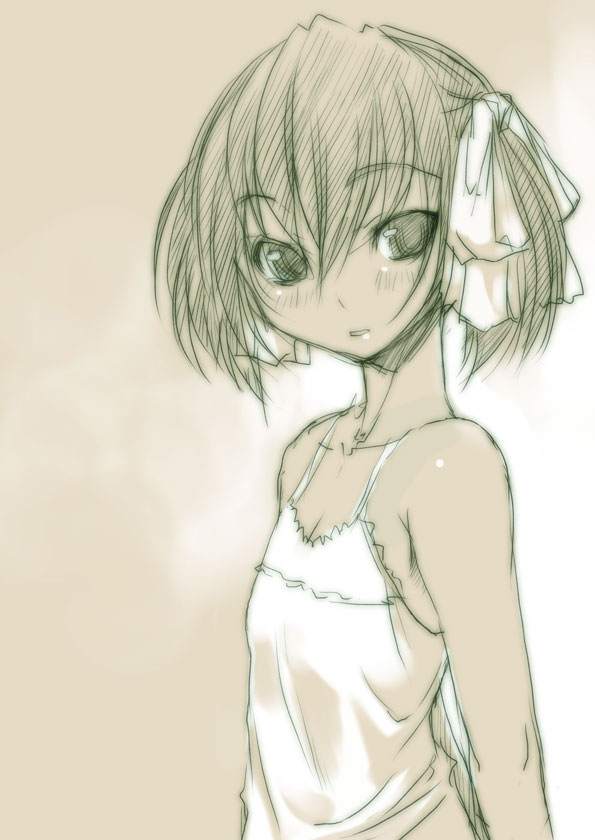 bosshi, yu (bosshi), 1girl, :d, blush, camisole, female focus, flat chest, gradient background, hair ribbon, monochrome, open mouth, ribbon, short hair, short twintails, sketch, smile, solo, twintails