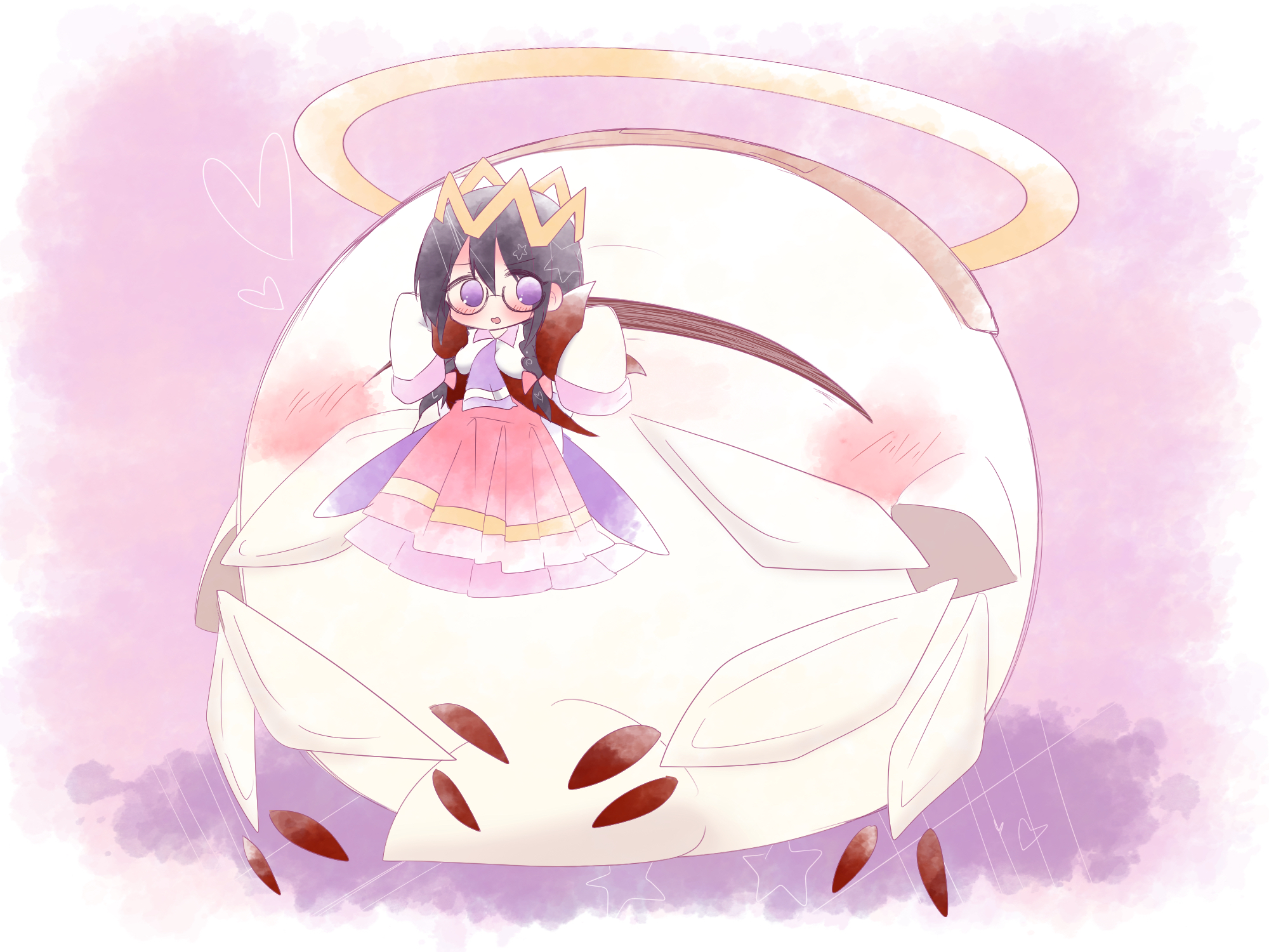 yoake (yoake 04), ripple star queen, zero two (kirby), kirby (series), kirby 64, nintendo, highres, 1girl, black hair, blush, bow, crown, fairy, fairy wings, glasses, hair bow, halo, heart, long hair, pink bow, pink skirt, purple background, purple eyes, skirt, sleeves past fingers, sleeves past wrists, wings