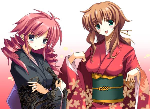 karamiti, christina sierra, feldt grace, gundam, gundam 00, 00s, 2girls, antenna hair, blue eyes, blush, brown hair, crossed arms, drill hair, floral print, green eyes, head tilt, japanese clothes, kimono, long sleeves, looking at viewer, multiple girls, red hair, short hair, twin drills, twintails, underbust, wide sleeves