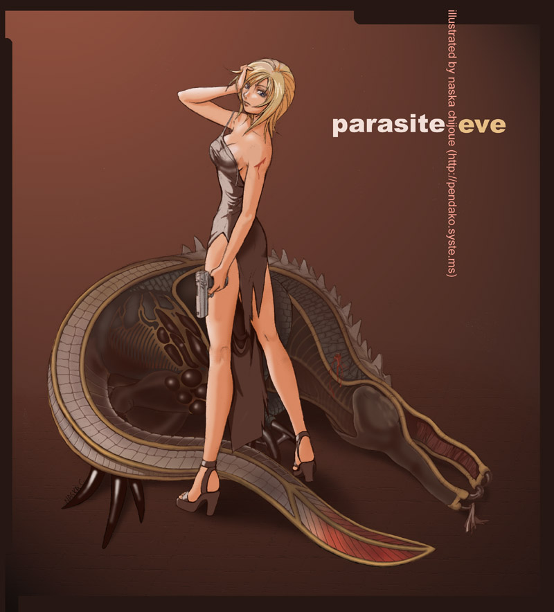 naska chijoue, aya brea, parasite eve (series), parasite eve i, 1girl, alligator, blonde hair, blood, blue eyes, breasts, cleavage, crocodilian, dress, female focus, gun, hand on own head, handgun, high heels, looking back, medium breasts, pistol, shoes, short hair, solo, standing, torn clothes, weapon