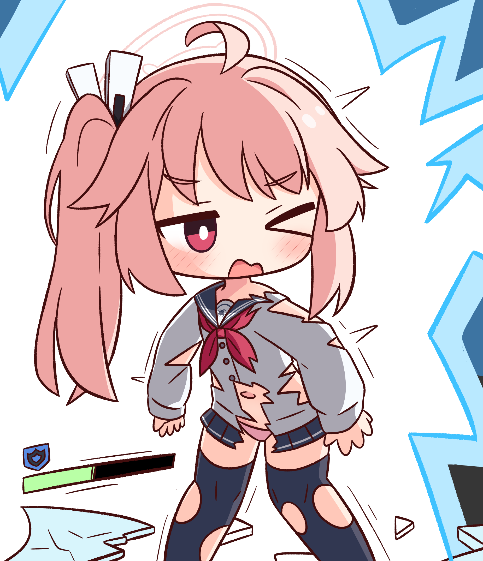 hana kazari, natsu (blue archive), blue archive, commentary request, highres, > o, 1girl, ahoge, black sailor collar, black skirt, black thighhighs, blush, cardigan, chibi, feet out of frame, gameplay mechanics, halo, long hair, long sleeves, navel, one eye closed, open mouth, panties, pink hair, pink panties, pleated skirt, puffy long sleeves, puffy sleeves, red eyes, sailor collar, side ponytail, skirt, sleeves past wrists, solo, standing, thighhighs, torn clothes, torn skirt, torn thighhighs, underwear, v-shaped eyebrows, wavy mouth, white background, white cardigan