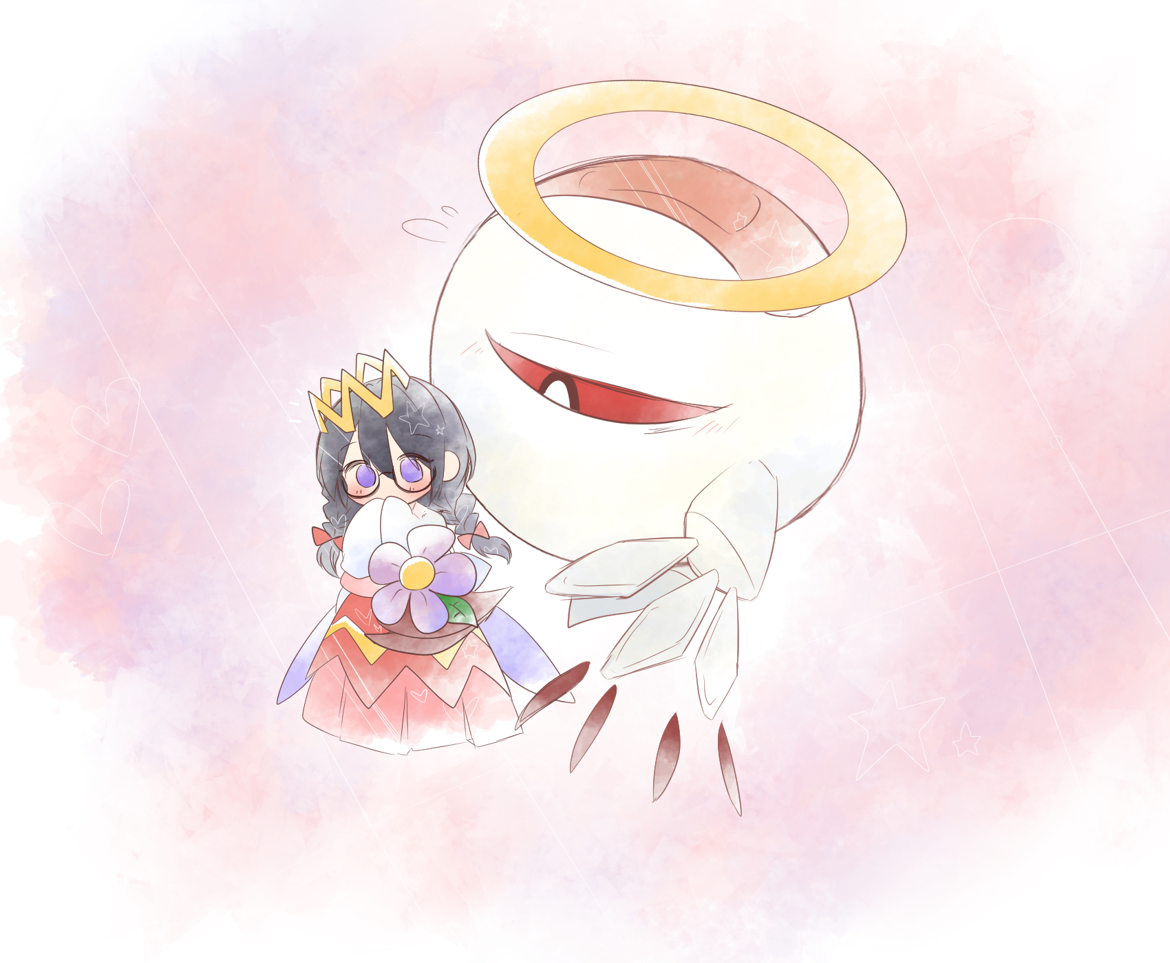 yoake (yoake 04), ripple star queen, zero two (kirby), kirby (series), kirby 64, nintendo, highres, 1girl, black hair, bow, crown, fairy, fairy wings, flower, glasses, hair bow, halo, long hair, one-eyed, pink bow, pink skirt, purple eyes, red eyes, skirt, wings