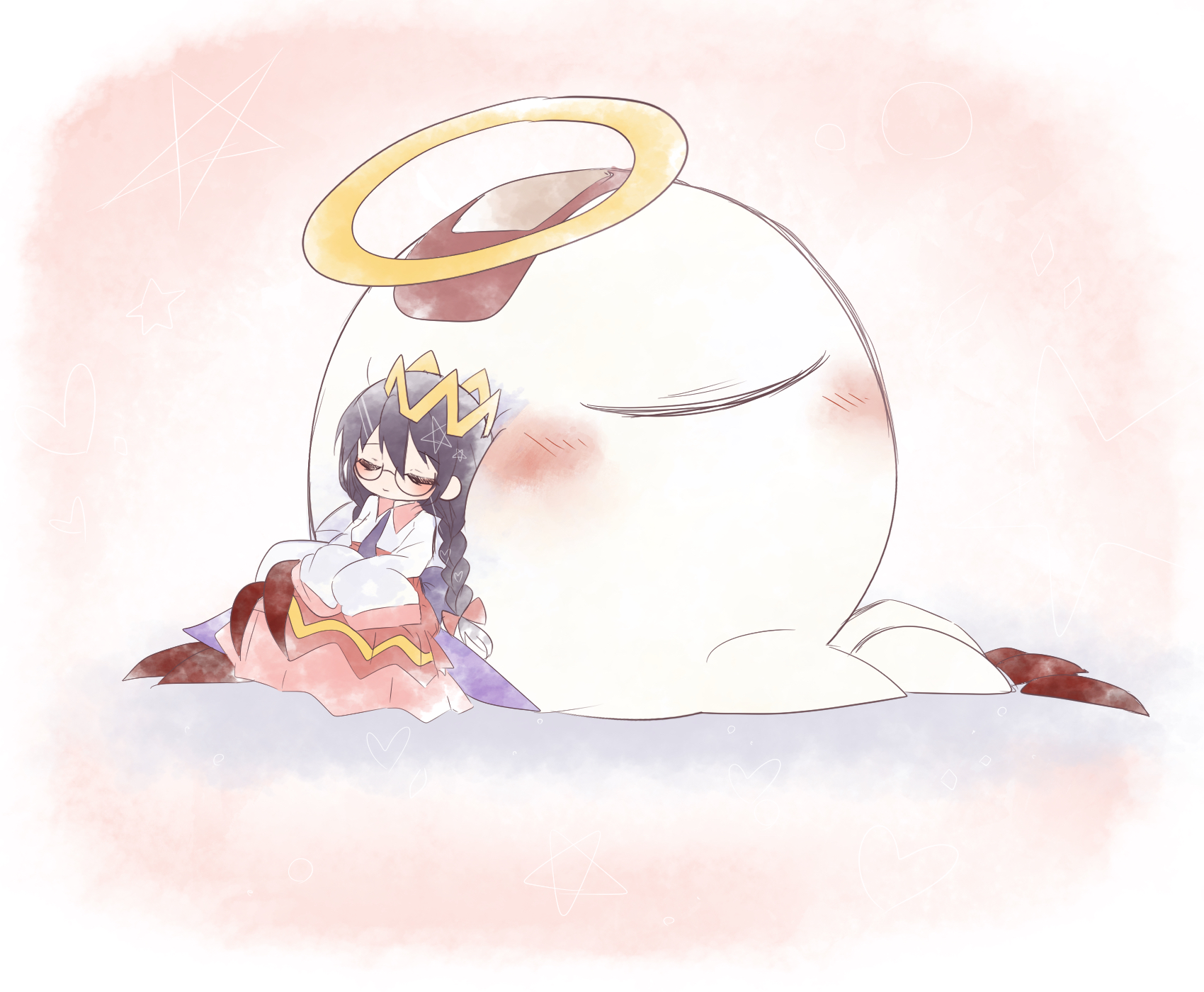 yoake (yoake 04), ripple star queen, zero two (kirby), kirby (series), kirby 64, nintendo, highres, 1girl, bandaid, black hair, blush, bow, braid, closed eyes, crown, fairy, fairy wings, hair bow, halo, long hair, low twin braids, pink bow, sleeves past fingers, sleeves past wrists, twin braids, wings