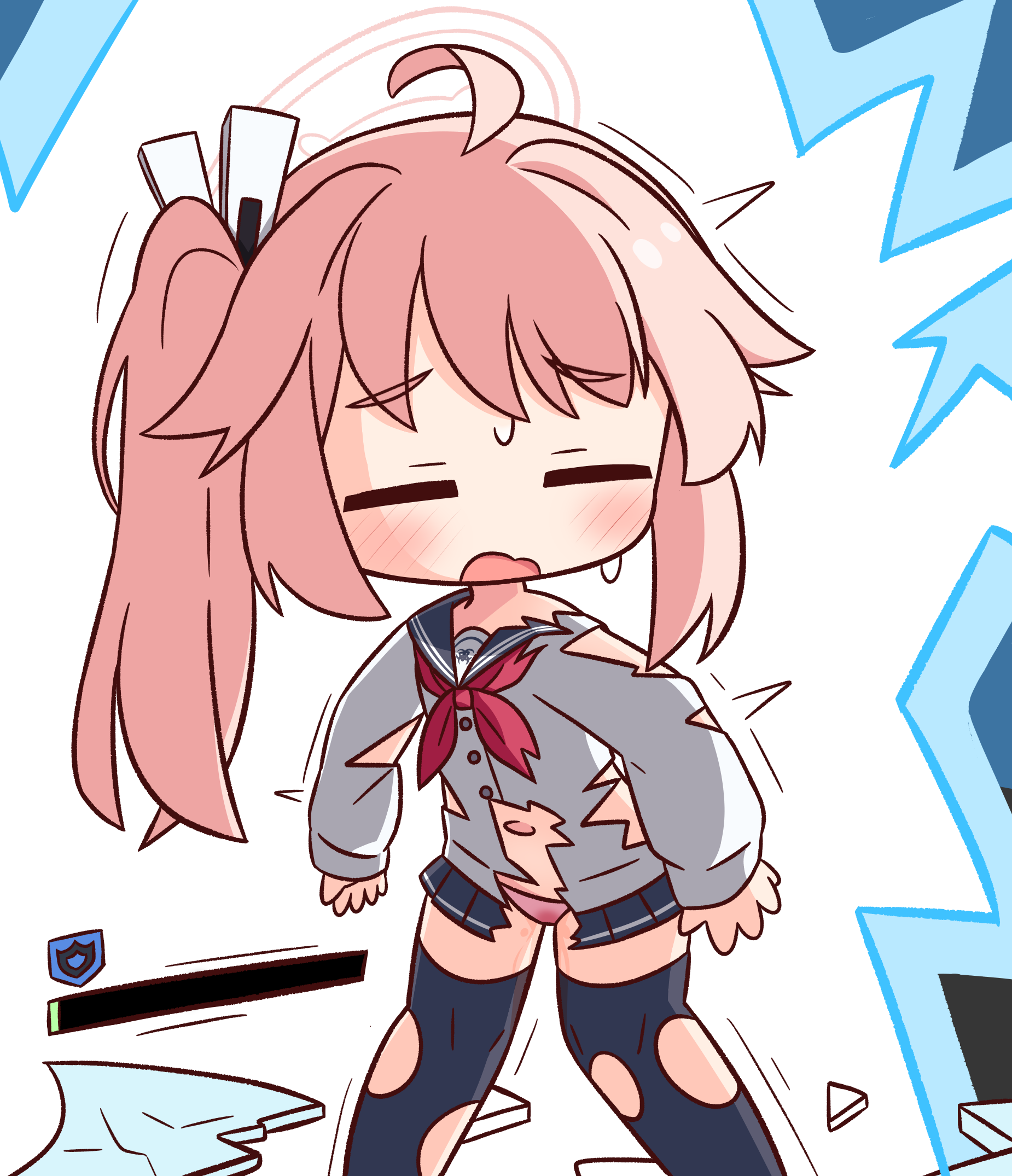 hana kazari, natsu (blue archive), blue archive, highres, 1girl, ahoge, black sailor collar, black skirt, black thighhighs, blush, cardigan, chibi, closed eyes, facing viewer, feet out of frame, gameplay mechanics, halo, long hair, long sleeves, navel, open mouth, panties, pee, peeing, peeing self, pink hair, pink panties, pleated skirt, puffy long sleeves, puffy sleeves, sailor collar, side ponytail, skirt, sleeves past wrists, solo, standing, sweat, thighhighs, torn clothes, torn skirt, torn thighhighs, underwear, wavy mouth, white background, white cardigan