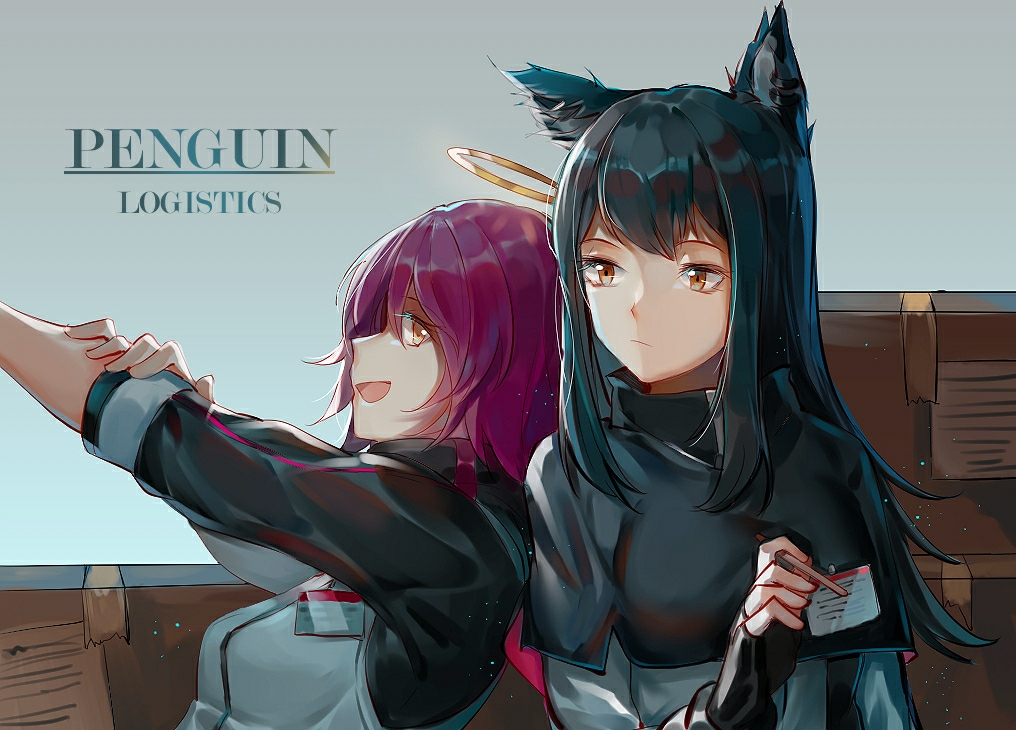cui ying, exusiai (arknights), texas (arknights), arknights, chinese commentary, commentary request, 2girls, :d, animal ear fluff, animal ears, black capelet, black gloves, black hair, capelet, closed mouth, fingerless gloves, food, gloves, halo, holding, holding food, holding pocky, light particles, long hair, multiple girls, open mouth, pink hair, pocky, profile, short hair, sideways mouth, smile, traditional halo, upper body, wolf ears, wolf girl, yellow eyes, yellow halo