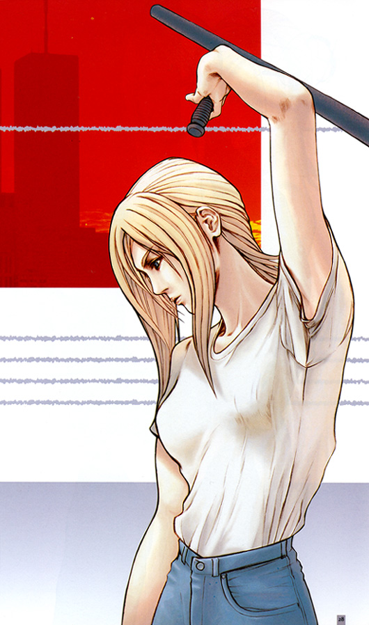 aya brea, parasite eve (series), parasite eve i, baton, blonde hair, blue eyes, denim, jeans, pants, shirt, t-shirt, weapon