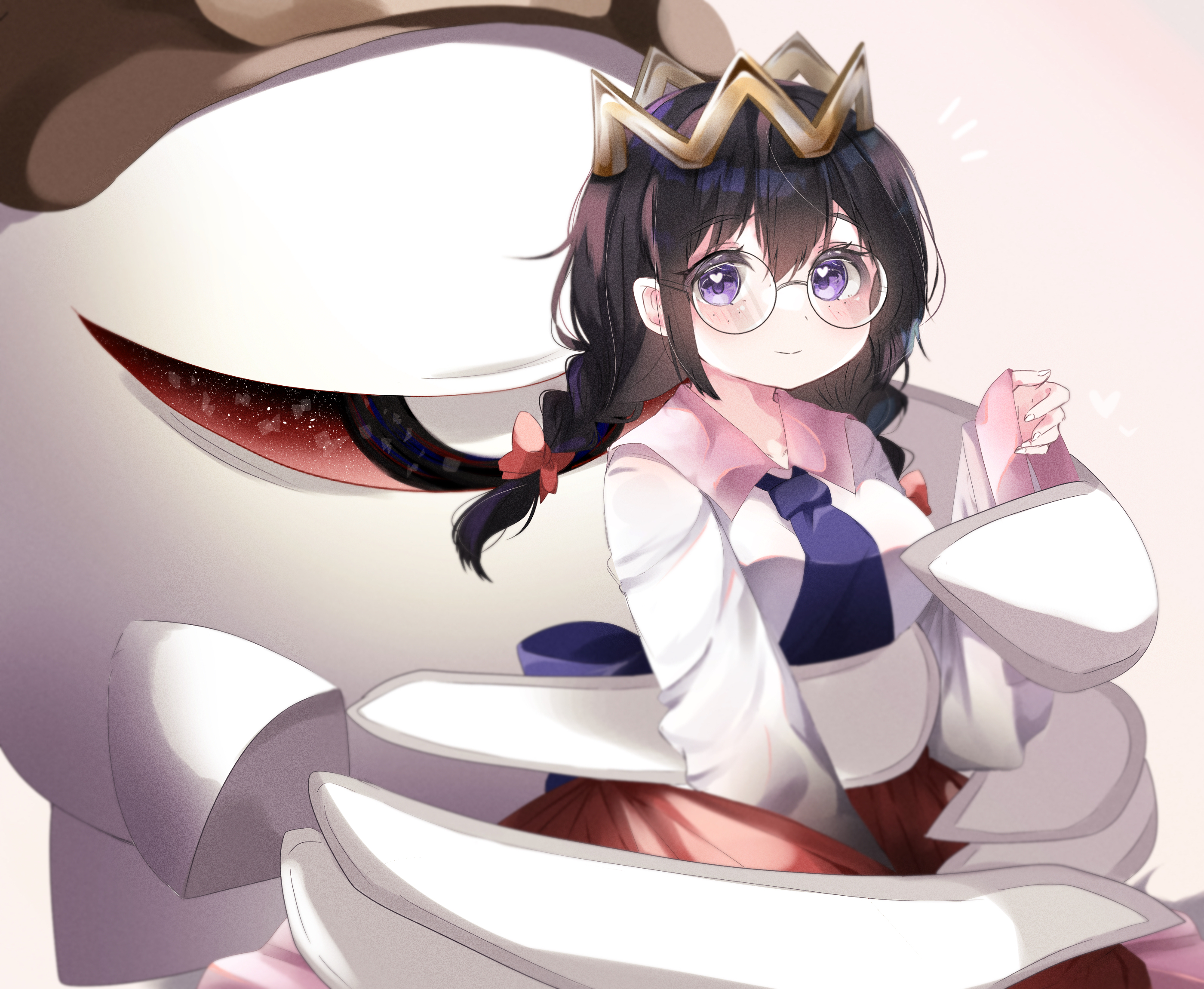 yoake (yoake 04), ripple star queen, zero two (kirby), kirby (series), kirby 64, nintendo, highres, 1girl, bandaid, black hair, blush, bow, braid, crown, glasses, hair bow, long hair, low twin braids, one-eyed, red bow, red eyes, simple background, smile, twin braids