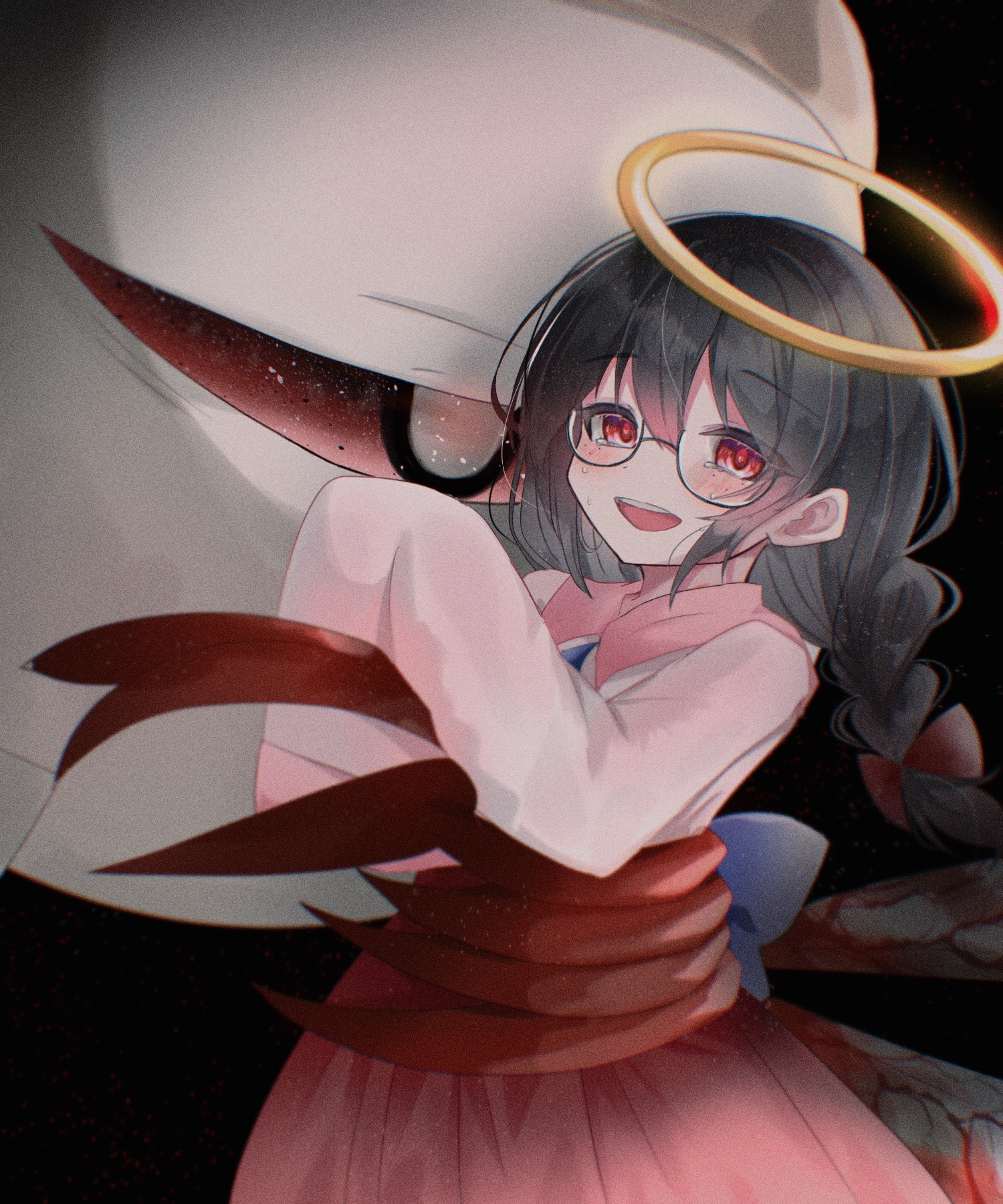 yoake (yoake 04), ripple star queen, zero two (kirby), kirby (series), kirby 64, nintendo, highres, 1girl, black background, black hair, bow, braid, hair bow, halo, long hair, looking at viewer, low twin braids, one-eyed, open mouth, possessed, red bow, red eyes, sleeves past fingers, sleeves past wrists, smile, twin braids