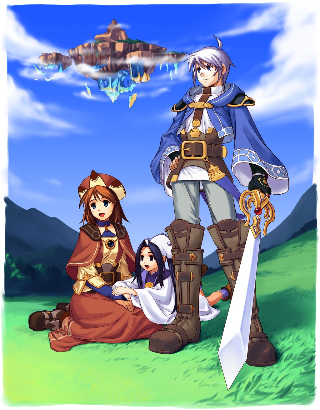 ohse kohime, felt blanchimont, iris blanchimont, viese blanchimont, atelier (series), atelier iris, atelier iris 2, atelier iris eternal mana 2, gust, highres, 1boy, 2girls, boots, cloud, day, hat, multiple girls, sky, sword, weapon