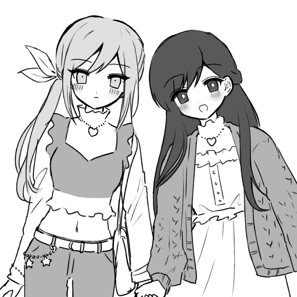 true erg, aubrey (faraway) (omori), aubrey (omori), mari (faraway) (omori), mari (omori), omori, 2girls, :d, arm at side, belt, blush, bow, bright pupils, cable knit, cardigan, closed mouth, cowboy shot, denim, dress, dutch angle, frilled dress, frilled shirt, frills, frown, greyscale, hair behind ear, hair between eyes, hair bow, hair over shoulder, heart, heart necklace, holding hands, jeans, jewelry, long hair, long sleeves, looking at viewer, low side ponytail, midriff, monochrome, multiple girls, navel, necklace, official alternate costume, official alternate hairstyle, open cardigan, open clothes, open mouth, pants, shirt, side ponytail, sidelocks, simple background, sleeveless, sleeveless shirt, smile, standing, star (symbol), straight-on, swept bangs, turtleneck, turtleneck shirt, white background