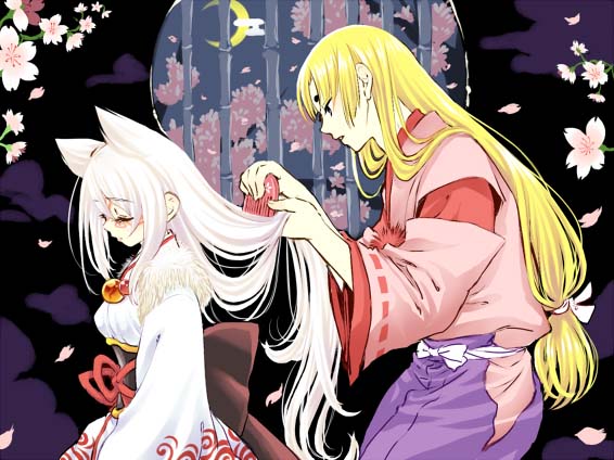 amaterasu (ookami), ushiwakamaru (ookami), ookami (game), 1boy, 1girl, animal ears, bell, blonde hair, bow, brushing hair, cherry blossoms, clothing cutout, comb, cowboy shot, eyelashes, flower, from side, hip vent, indoors, japanese clothes, kimono, long hair, low-tied long hair, marble (toy), moon, night, personification, round window, thick eyebrows, very long hair, white hair, window, wolf ears, yukata