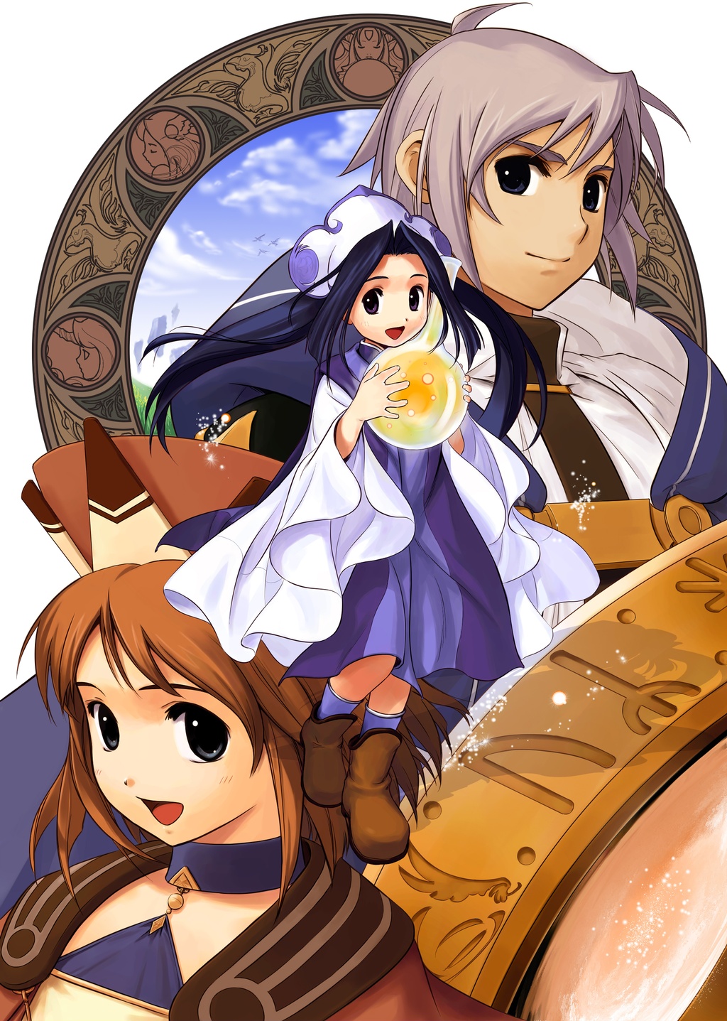 futaba jun, felt blanchimont, iris blanchimont, viese blanchimont, atelier (series), atelier iris, atelier iris 2, atelier iris eternal mana 2, gust, highres, official art, scan, 1boy, 2girls, :d, alchemy, blue eyes, blue hair, blush, boots, brown hair, child, choker, cloud, dress, flask, grass, grey hair, hat, kneehighs, long hair, looking at viewer, multiple girls, open mouth, purple eyes, round-bottom flask, short hair, sidelocks, sky, smile, socks, sparkle, standing, turtleneck, twintails