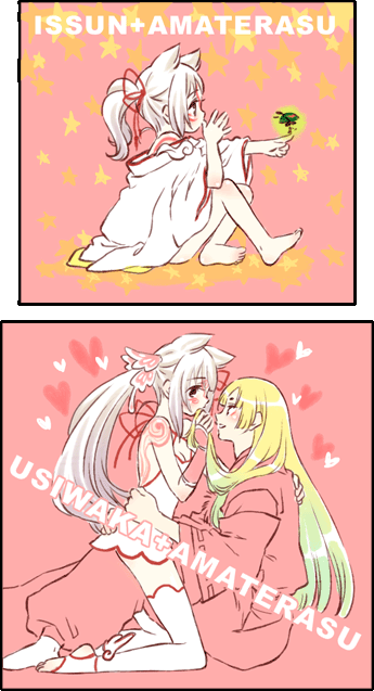 loverial+phantom, mochiya marosuke, amaterasu (ookami), issun, phantom, ushiwakamaru (ookami), ookami (game), 1boy, 1girl, barefoot, feet, personification, thighhighs, white hair