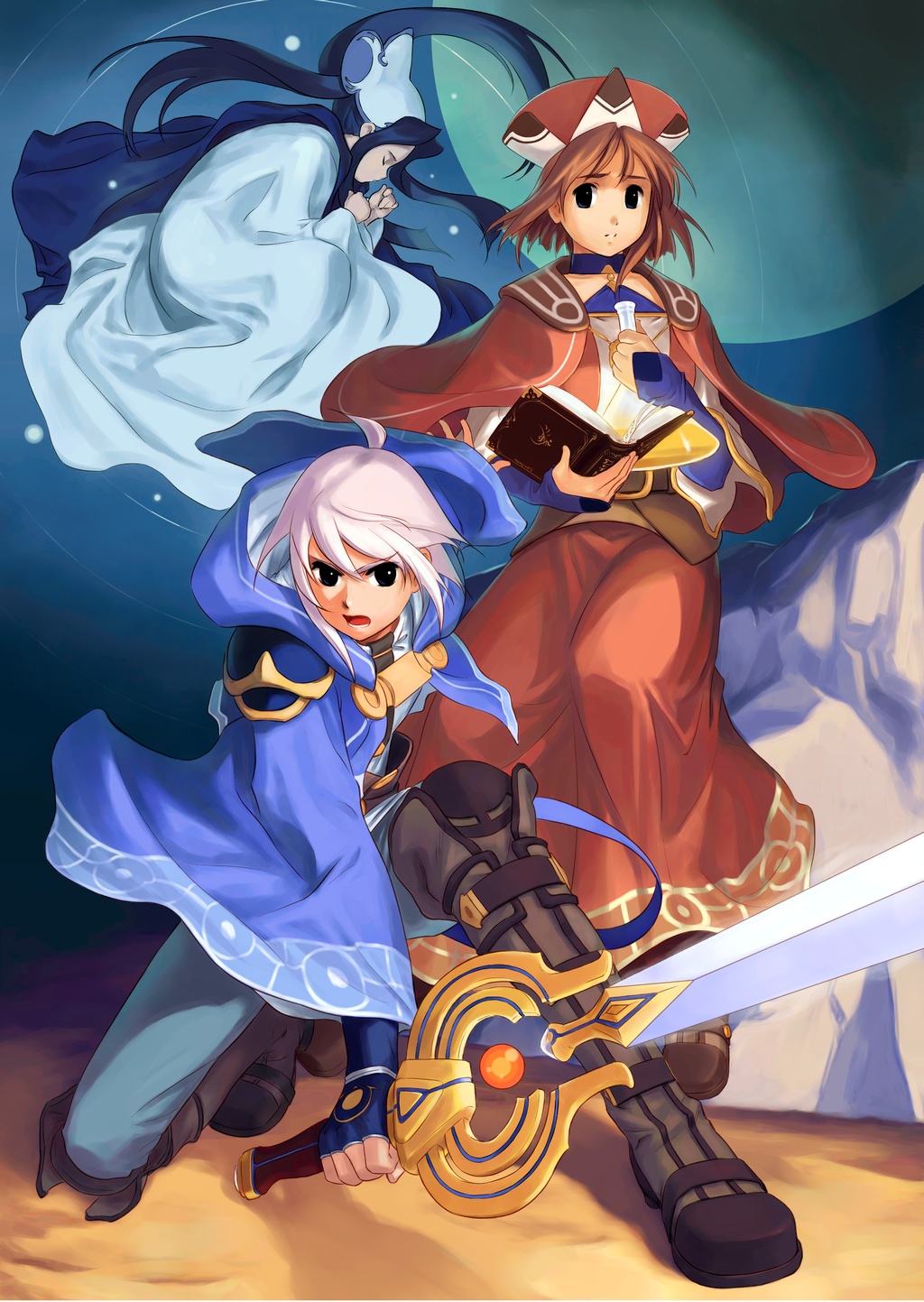 ohse kohime, felt blanchimont, iris blanchimont, viese blanchimont, atelier (series), atelier iris, atelier iris 2, atelier iris eternal mana 2, gust, highres, official art, 1boy, 2girls, alchemy, brown dress, dress, multiple girls, sword, weapon
