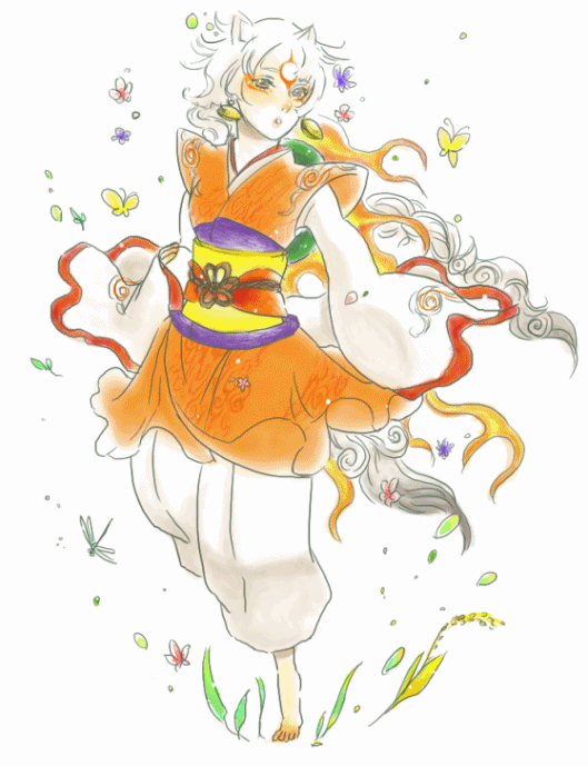 amaterasu (ookami), ookami (game), 1girl, bug, butterfly, expressionless, female focus, full body, insect, japanese clothes, kimono, long hair, long sleeves, looking to the side, obi, pants, sash, shaded face, short kimono, simple background, solo, twintails, very long hair, white background, white hair, yellow eyes