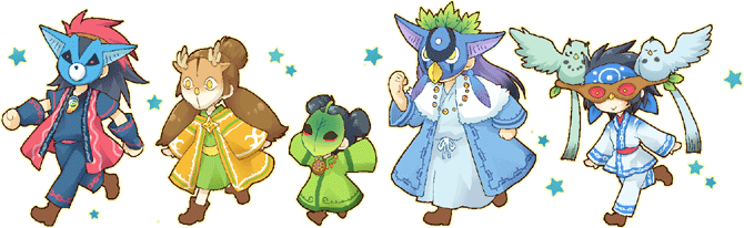 mochiya marosuke, oki, kai (ookami), lika, okikurumi (ookami), phantom, samickle, tuskle, ookami (game), 2boys, 3girls, animal, bird, chibi, mask, multiple boys, multiple girls