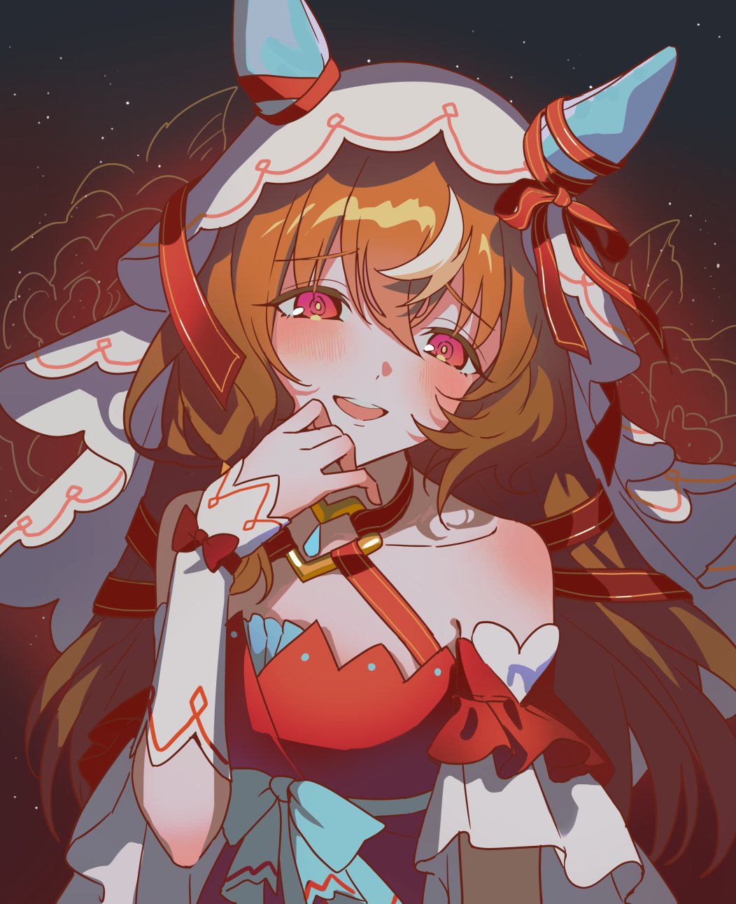 anejyani, still in love (umamusume), umamusume, highres, 1girl, :d, animal ears, bare shoulders, blush, brown hair, detached sleeves, dress, gradient background, hair between eyes, horse ears, horse girl, looking at viewer, open mouth, red dress, red eyes, red ribbon, ribbon, smile, solo, teeth, upper body, upper teeth only, veil, white veil