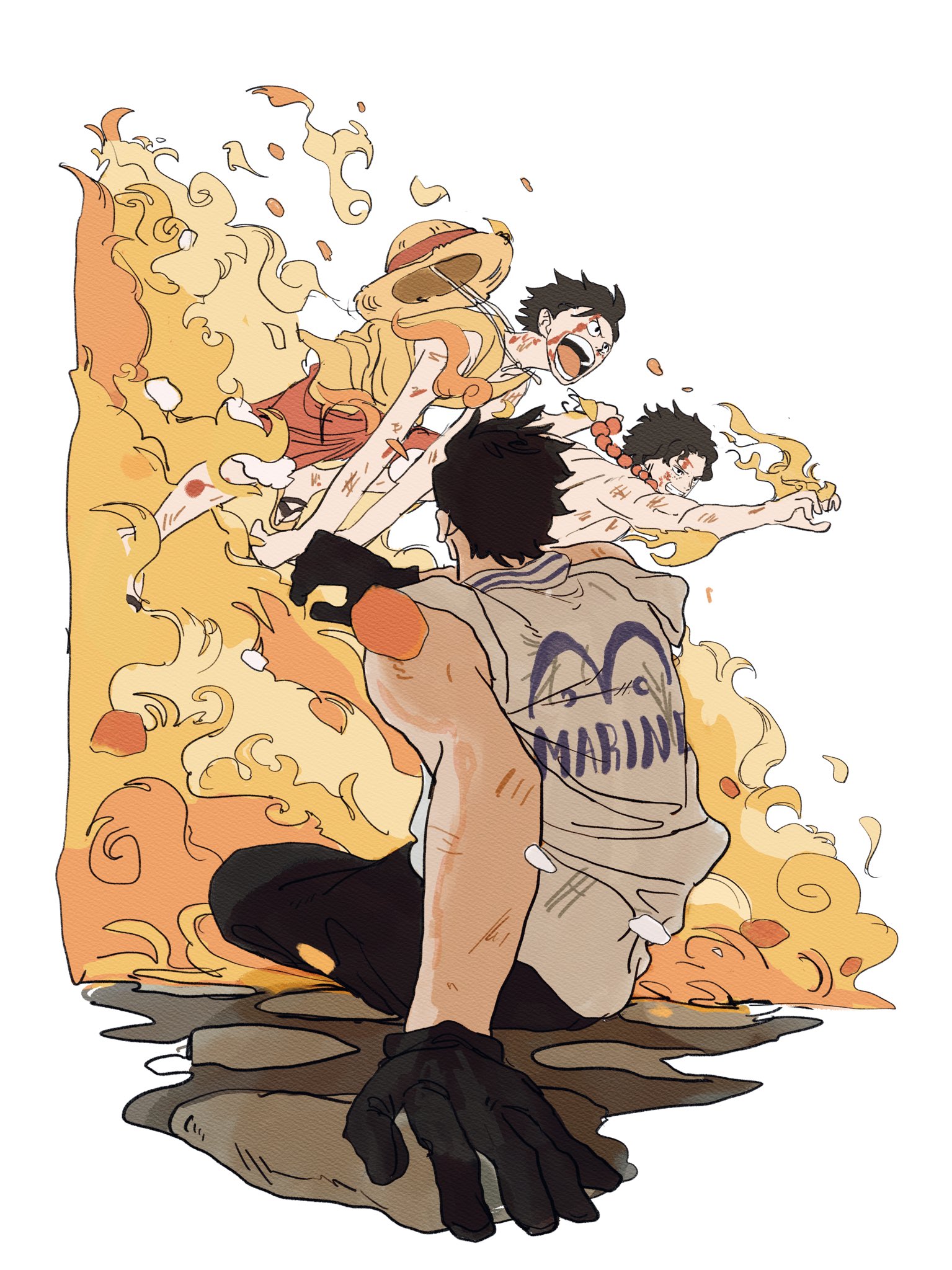 yuuki (illust2002), elder marine brother, monkey d. luffy, portgas d. ace, one piece, one piece fan letter, commentary request, highres, 3boys, black gloves, black hair, brothers, fire, gloves, hat, jewelry, looking ahead, marine uniform (one piece), multiple boys, necklace, open mouth, pearl necklace, red shorts, shirt, short hair, shorts, siblings, sleeveless, straw hat, yellow shirt