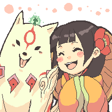 amaterasu (ookami), camelia, camille, issun, tsubaki (ookami), ookami (game), lowres, 1girl, black hair, blush, child, closed eyes, flower, hair flower, hair ornament, happy, wolf