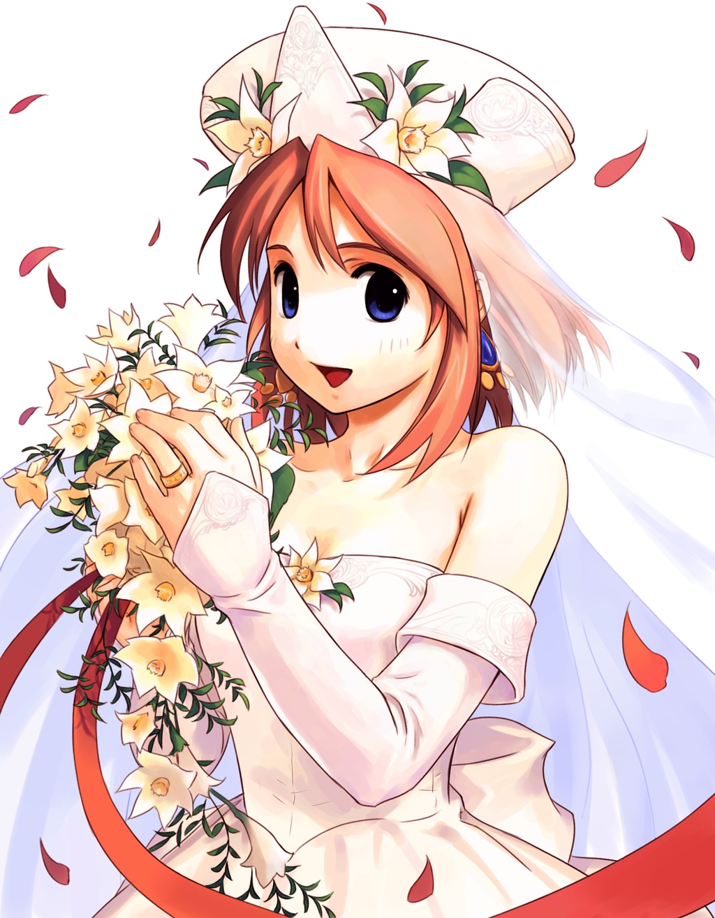 ohse kohime, viese blanchimont, atelier (series), atelier iris, atelier iris 2, atelier iris eternal mana 2, gust, highres, 1girl, blue eyes, bride, brown hair, dress, female focus, flower, jewelry, ring, solo, wedding dress