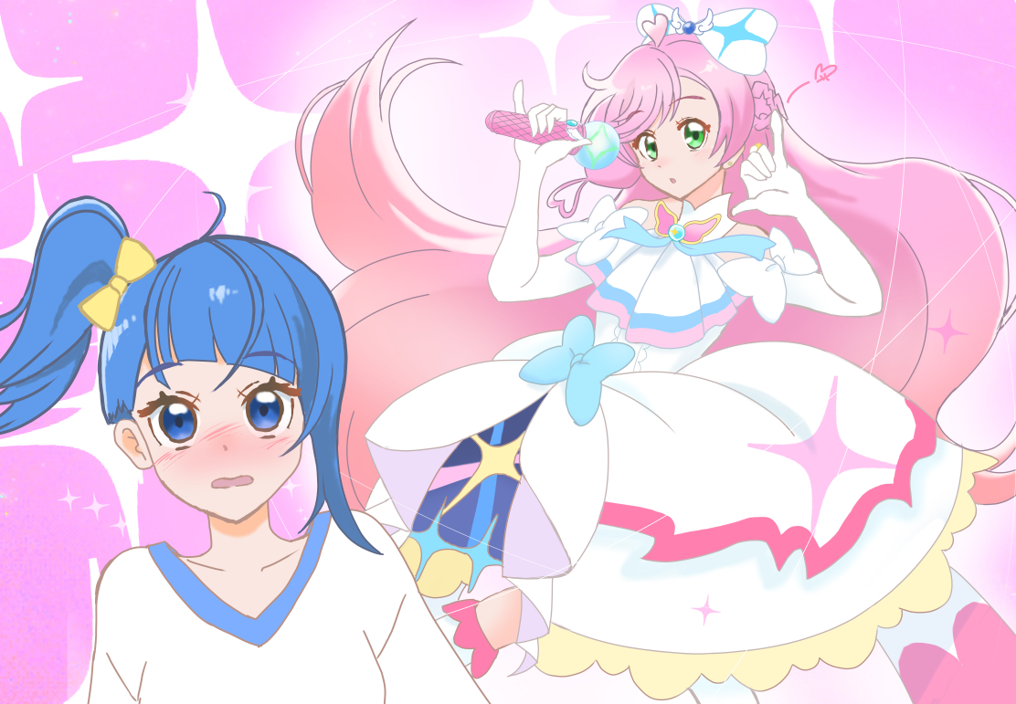 renpounasu, cure prism, nijigaoka mashiro, sora harewataru, hirogaru sky! precure, precure, commentary request, 2girls, m/, ascot, blue bow, blue eyes, blue hair, blush, bow, braid, brooch, casual, center frills, crown braid, cut bangs, dress, dress bow, earrings, elbow gloves, frills, glove bow, gloves, green eyes, hair bow, holding, jewelry, layered dress, long hair, magical girl, medium dress, medium hair, multiple girls, open mouth, pink background, pink hair, pinky out, shirt, side ponytail, single sidelock, sky mirage, sleeveless, sleeveless dress, sparkle, t-shirt, very long hair, white ascot, white bow, white dress, white gloves, white shirt, wing brooch, yellow bow
