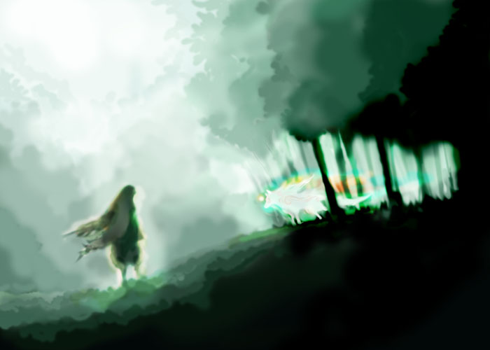 amaterasu (ookami), ushiwakamaru (ookami), ookami (game), light, 1boy, dark, forest, green theme, male focus, nature, night, tree, wolf