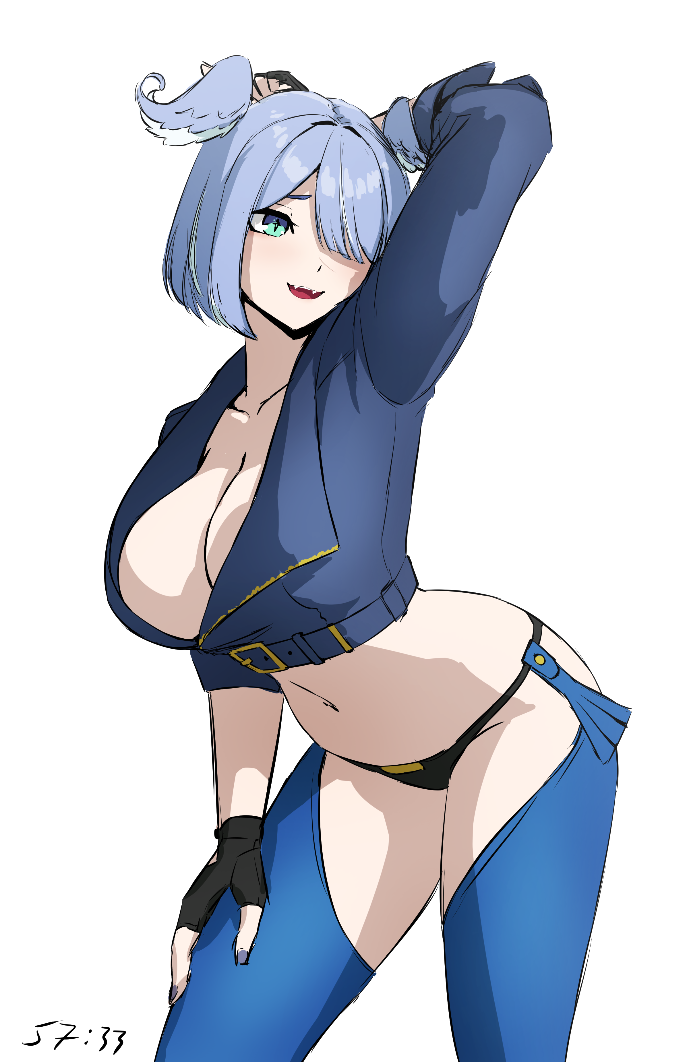 daydarion, angel (kof), elira pendora, nijisanji, nijisanji en, the king of fighters, absurdres, commentary, english commentary, highres, 1girl, aqua eyes, arm up, backless pants, breasts, cleavage, cropped jacket, fangs, fingerless gloves, gloves, hair over one eye, hand on own thigh, head wings, large breasts, navel, open mouth, pants, simple background, solo, virtual youtuber, white background, wings